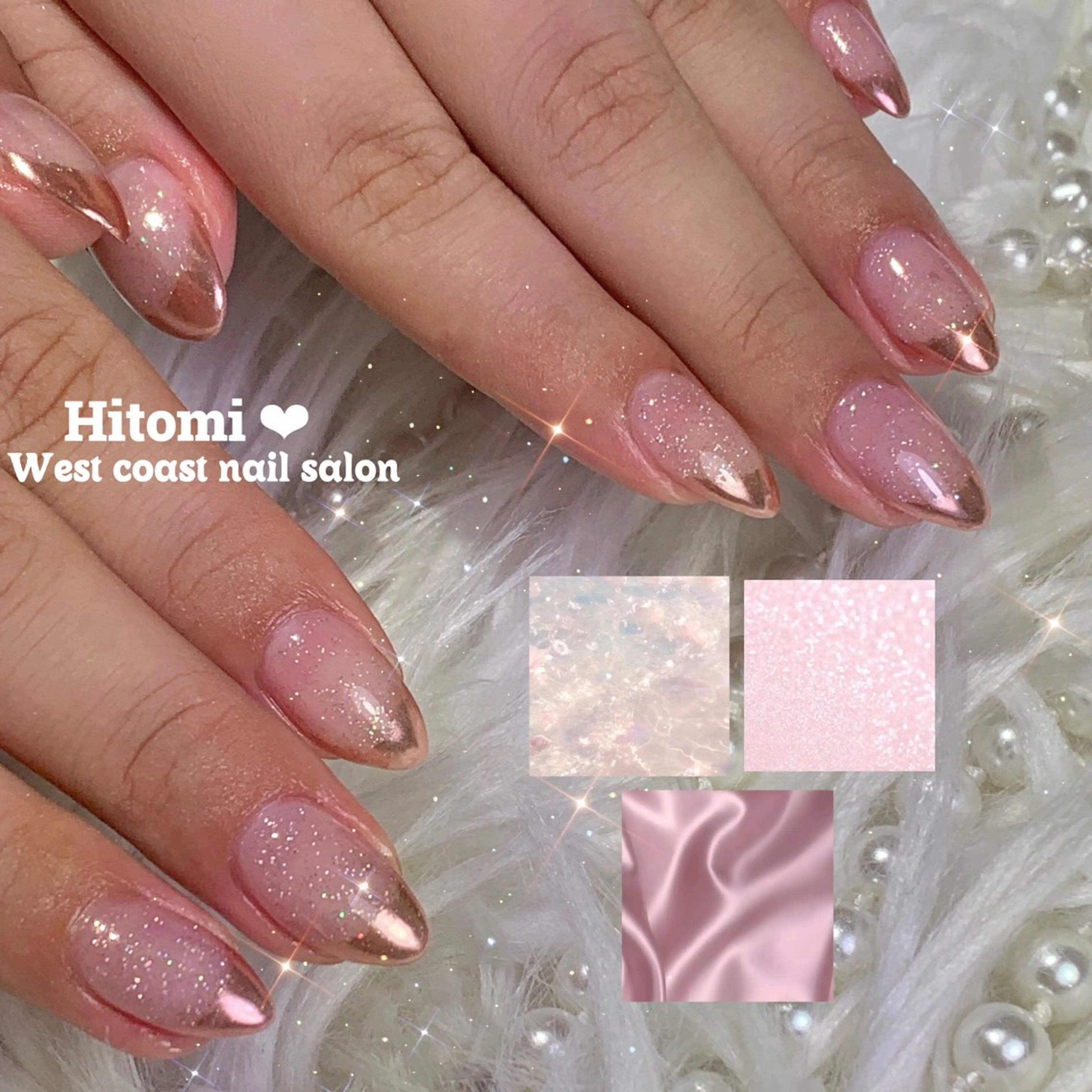 ネイル フレンチネイル キラキラネイル ラメ(グリッター) ミラーネイル ピンク ハンドネイル west coast スカルプ専門店のネイルデザイン