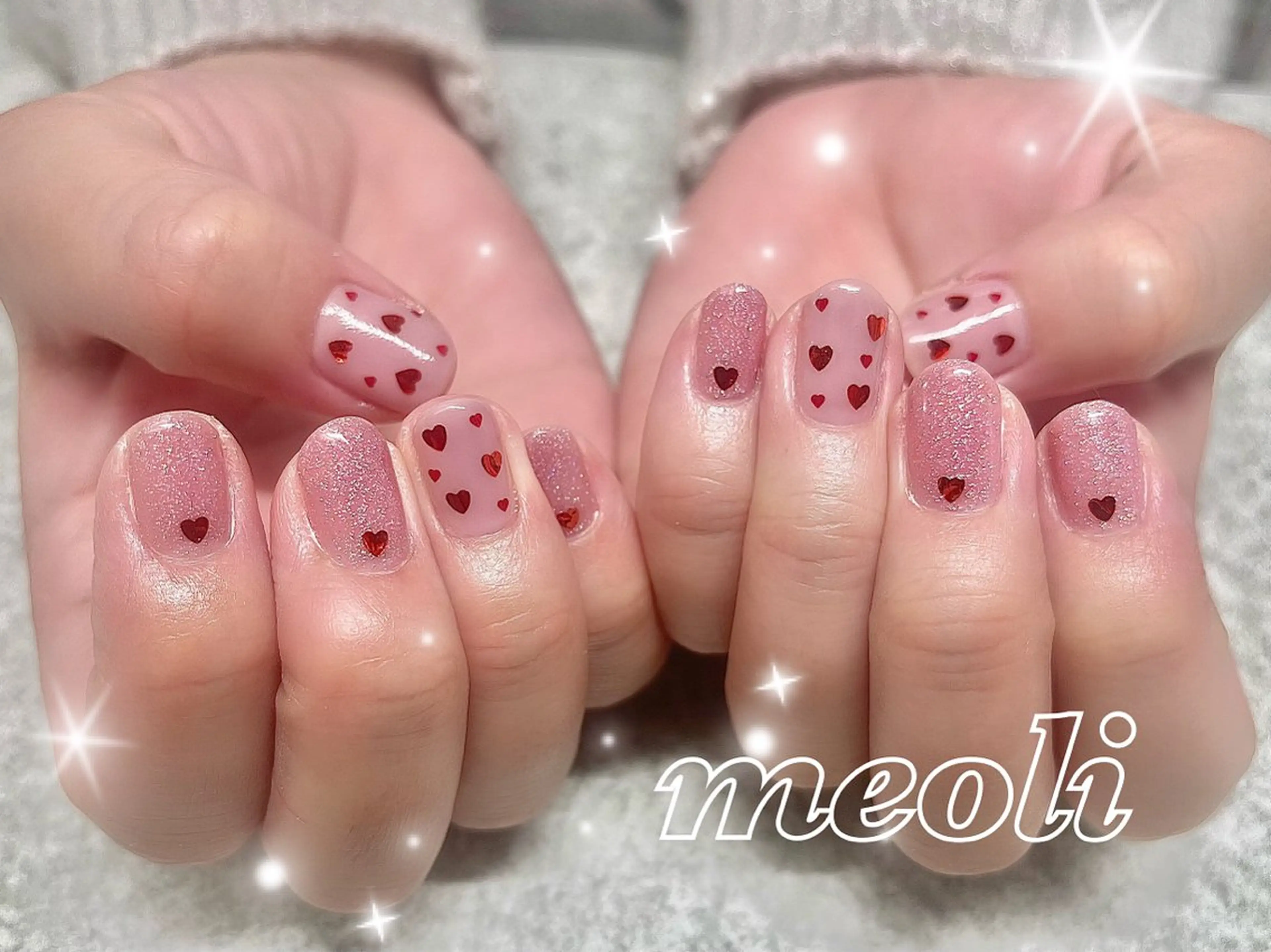 ネイル ハート ラメ(グリッター) ワンカラーネイル ピンク バレンタイン nail salon meoli　アヤのネイルデザイン