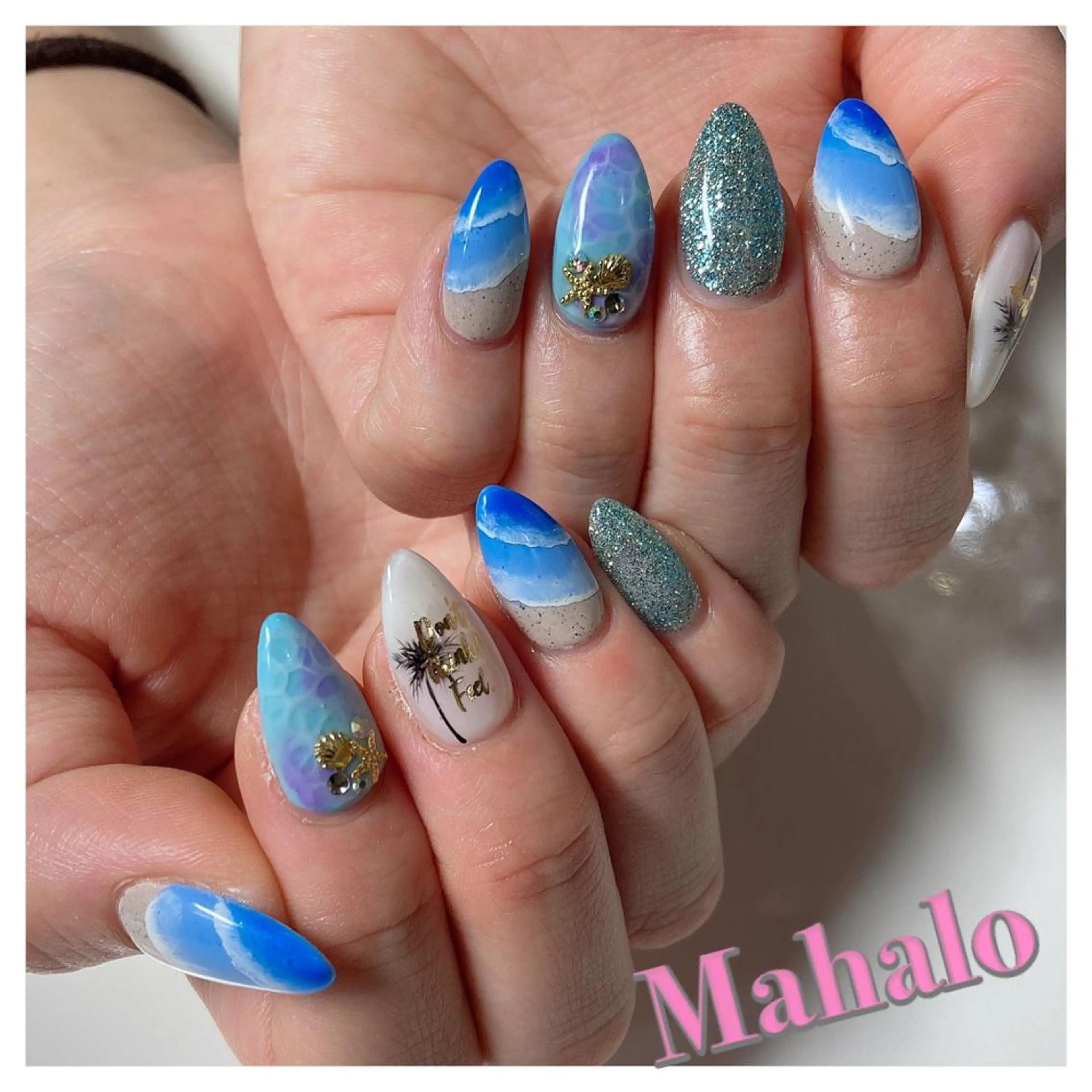 ネイル ブルー ゴールド ラメ(グリッター) パープル 夏ネイル Nail Salon Mahaloのネイルデザイン