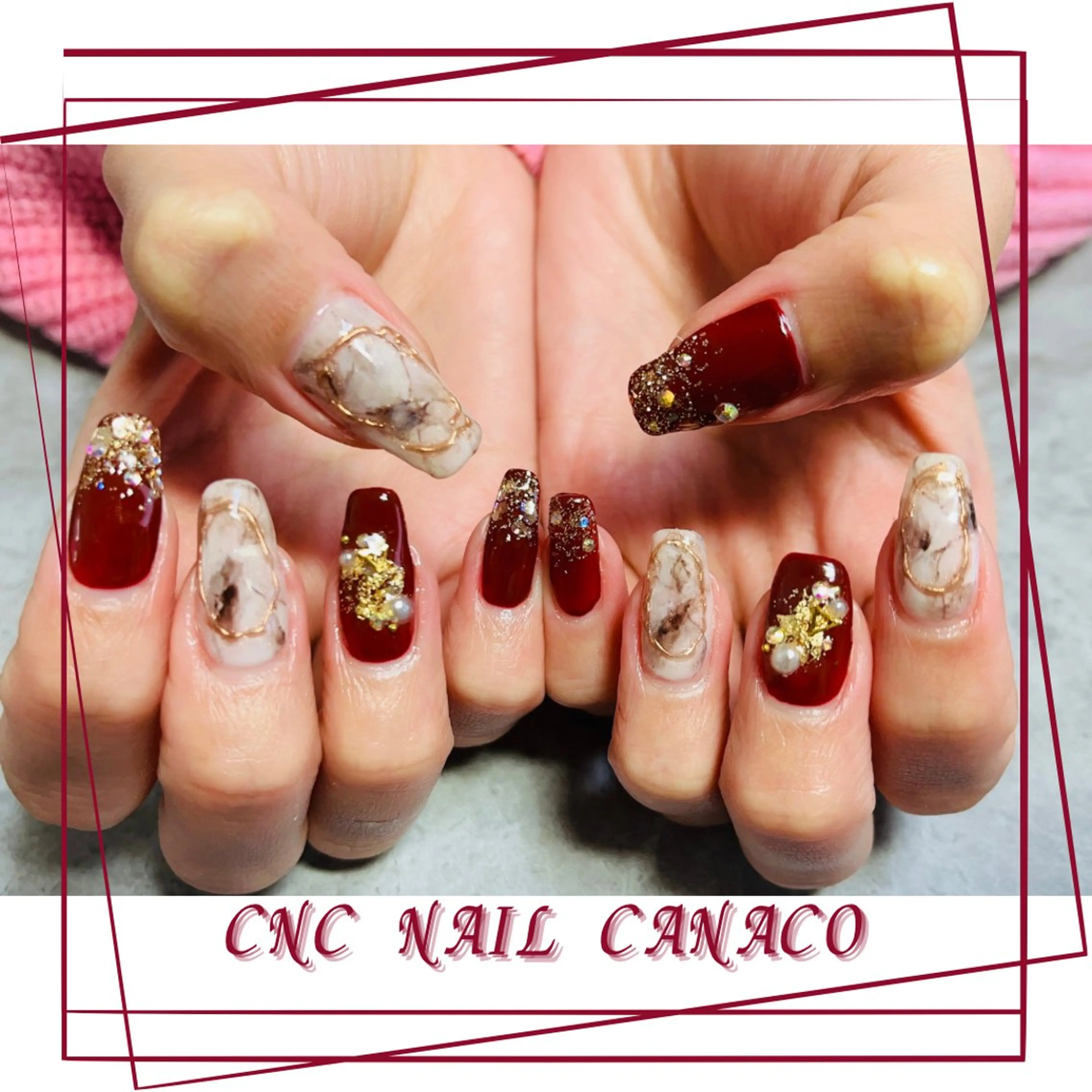 ネイル アートネイル ボルドー 持ち込み 赤色 ハンドネイル ハンドケア Felice所属・ベテランネイル cnc  nailのネイルデザイン