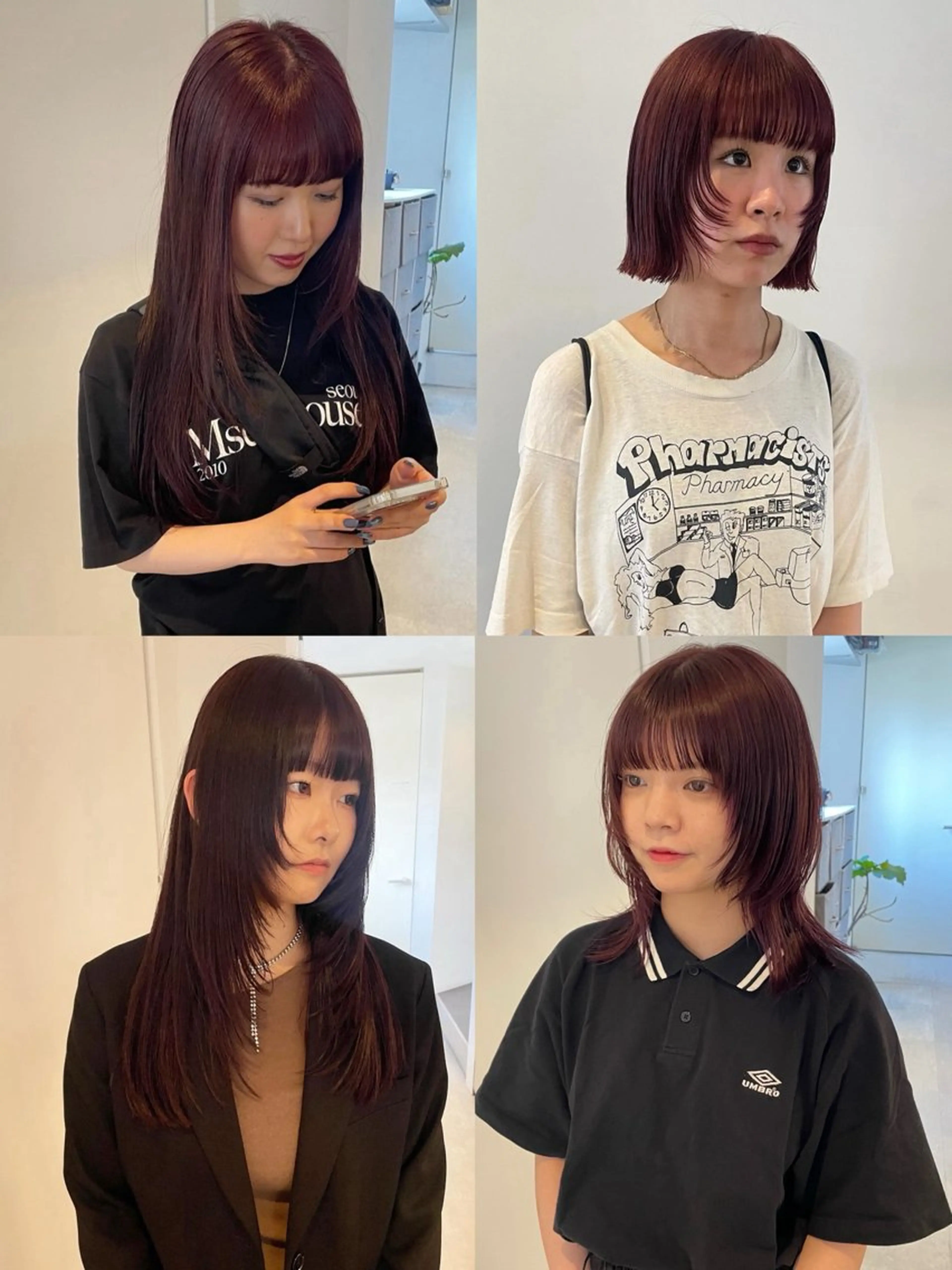 ミディアム カラー ブリーチ ダブルカラー ブリーチなしカラー レッドカラー ヘアカラー トリートメント MIU/ルーツカラー ボブ/顔周りレイヤーのヘアスタイル