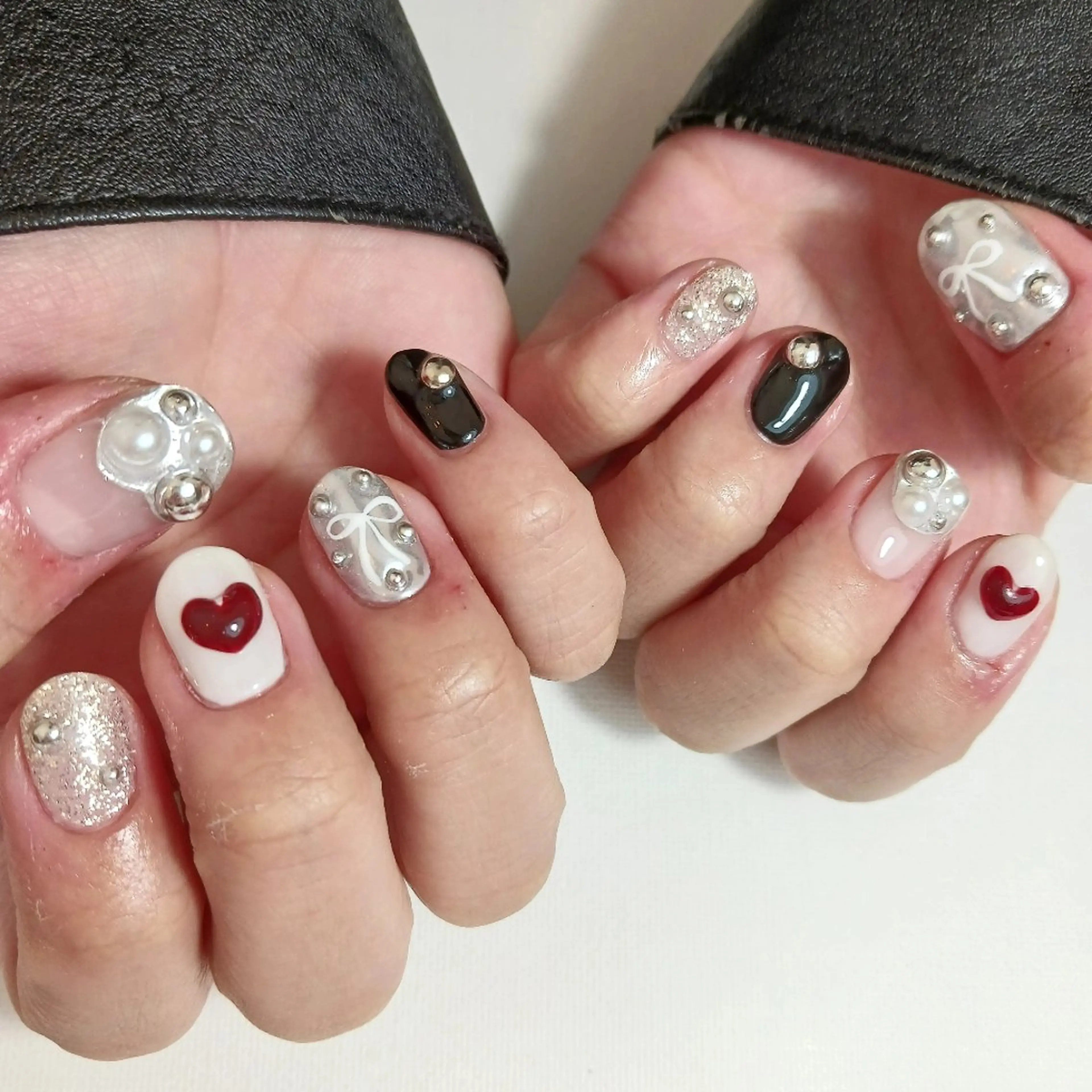 ネイル ジェルネイル ハート ミラーネイル 持ち込み リボン ハンドネイル owlnail /持込みデザイン専門のネイルデザイン