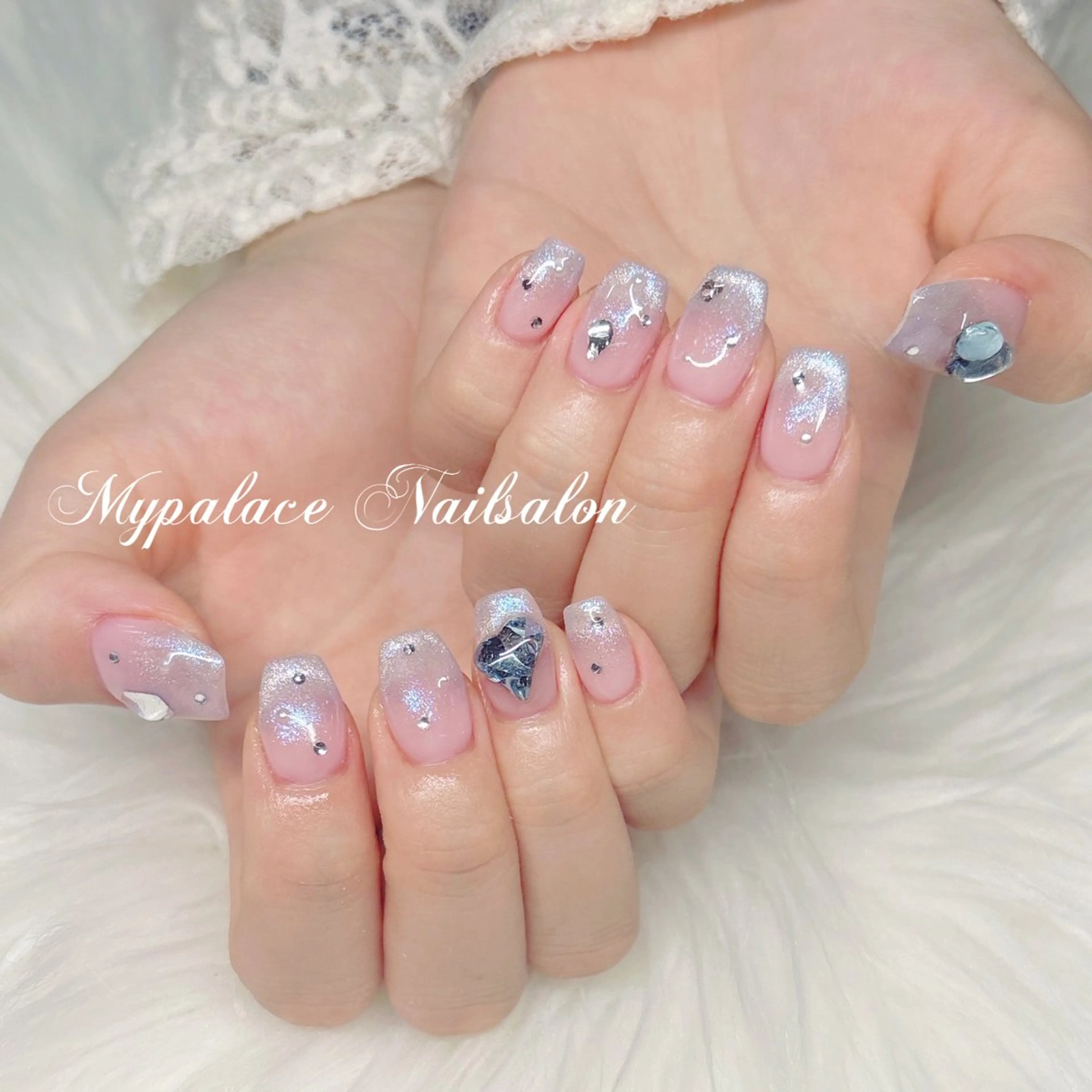 ネイル フレンチネイル ハート 水色 マグネットネイル マグネットフレンチ ハンドネイル Yuis Nailスカルプ専門のネイルデザイン