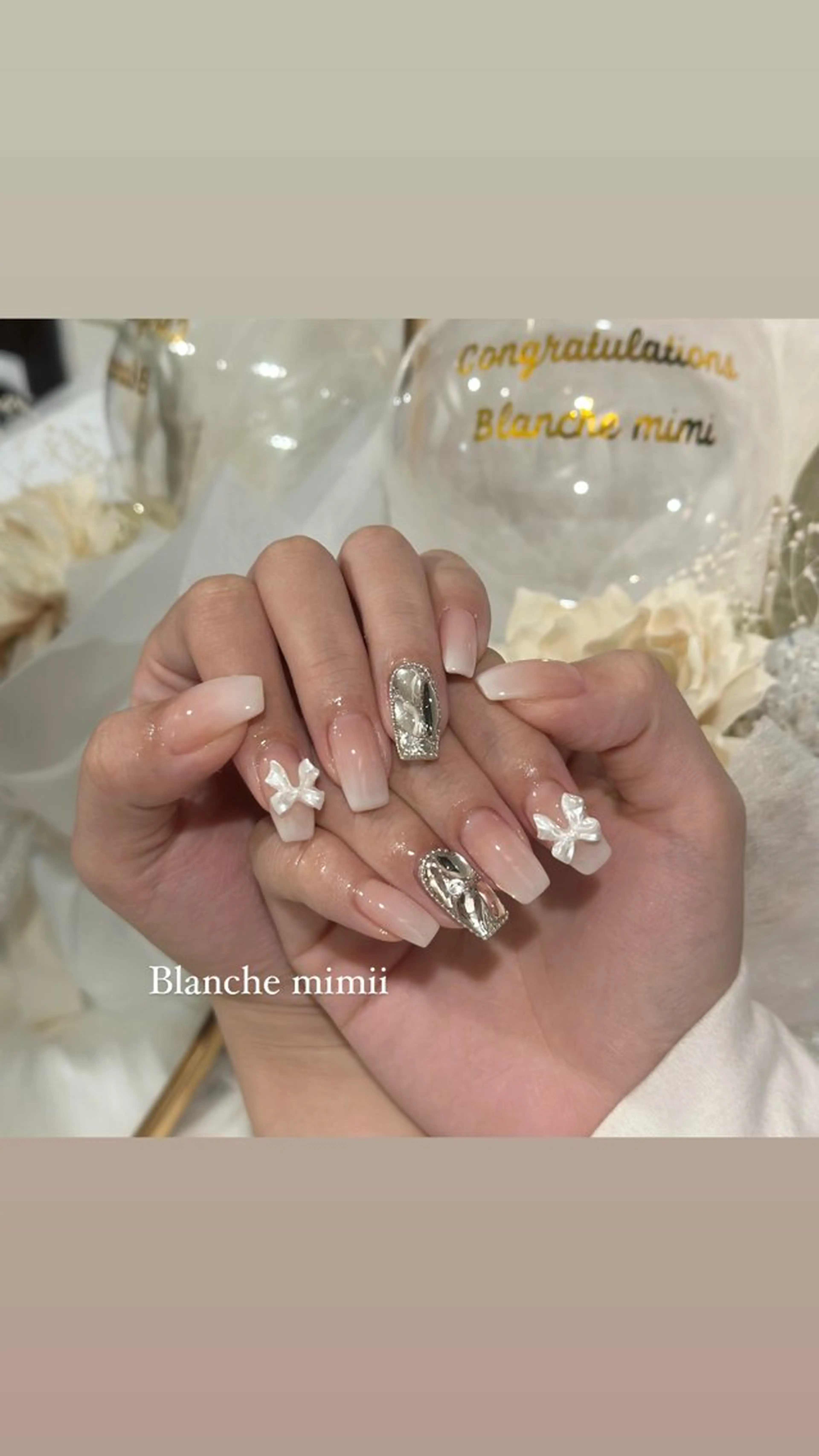 ネイル チークネイル ガーリー ハート マグネットネイル リボン ハンドネイル Blanche　mimii所属・Blanche Ayaのネイルデザイン