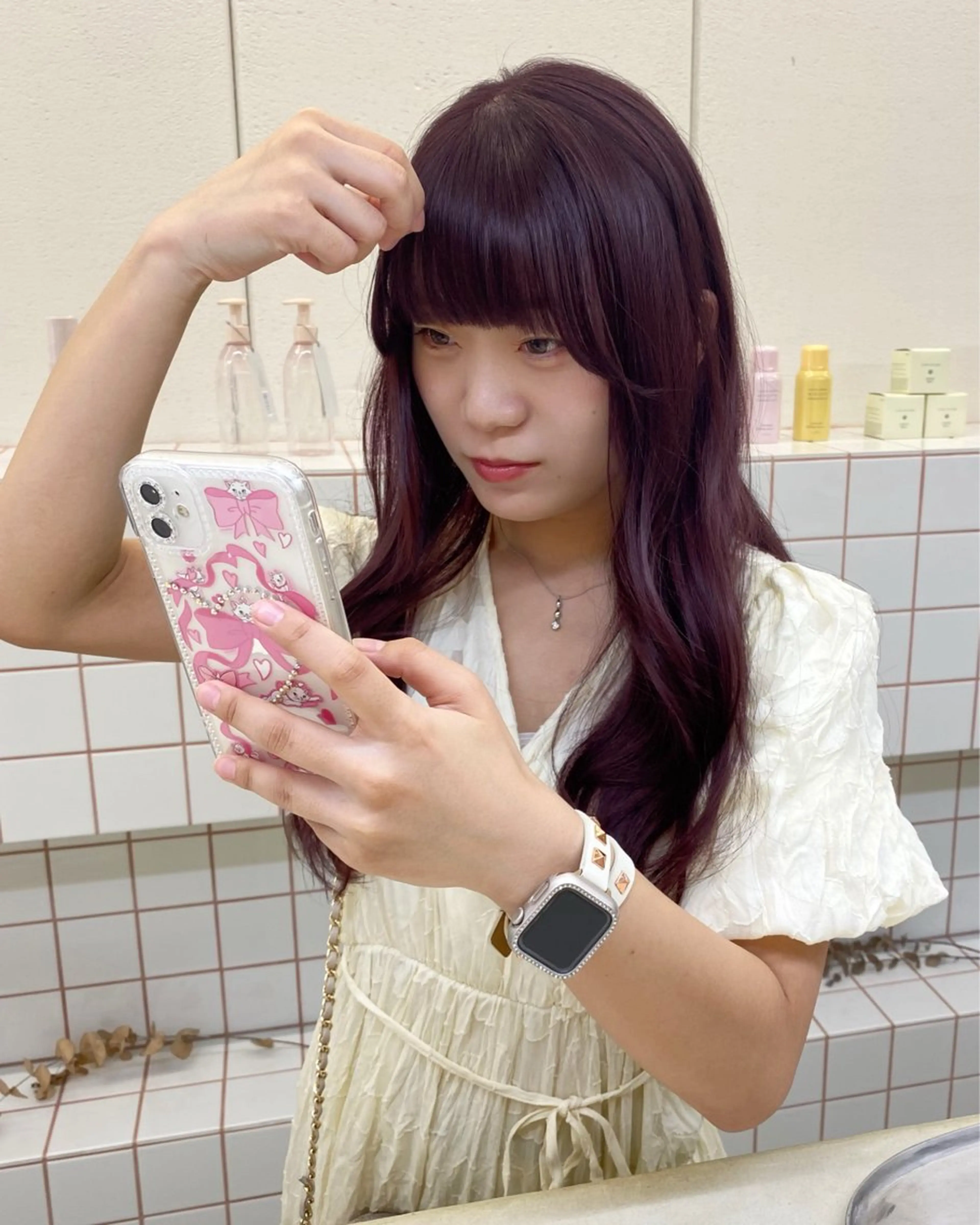 ロング カラー カシス ピンクカラー カット ヘアカラー トリートメント NIKO/名古屋/ 伏見/花屋併設のヘアスタイル