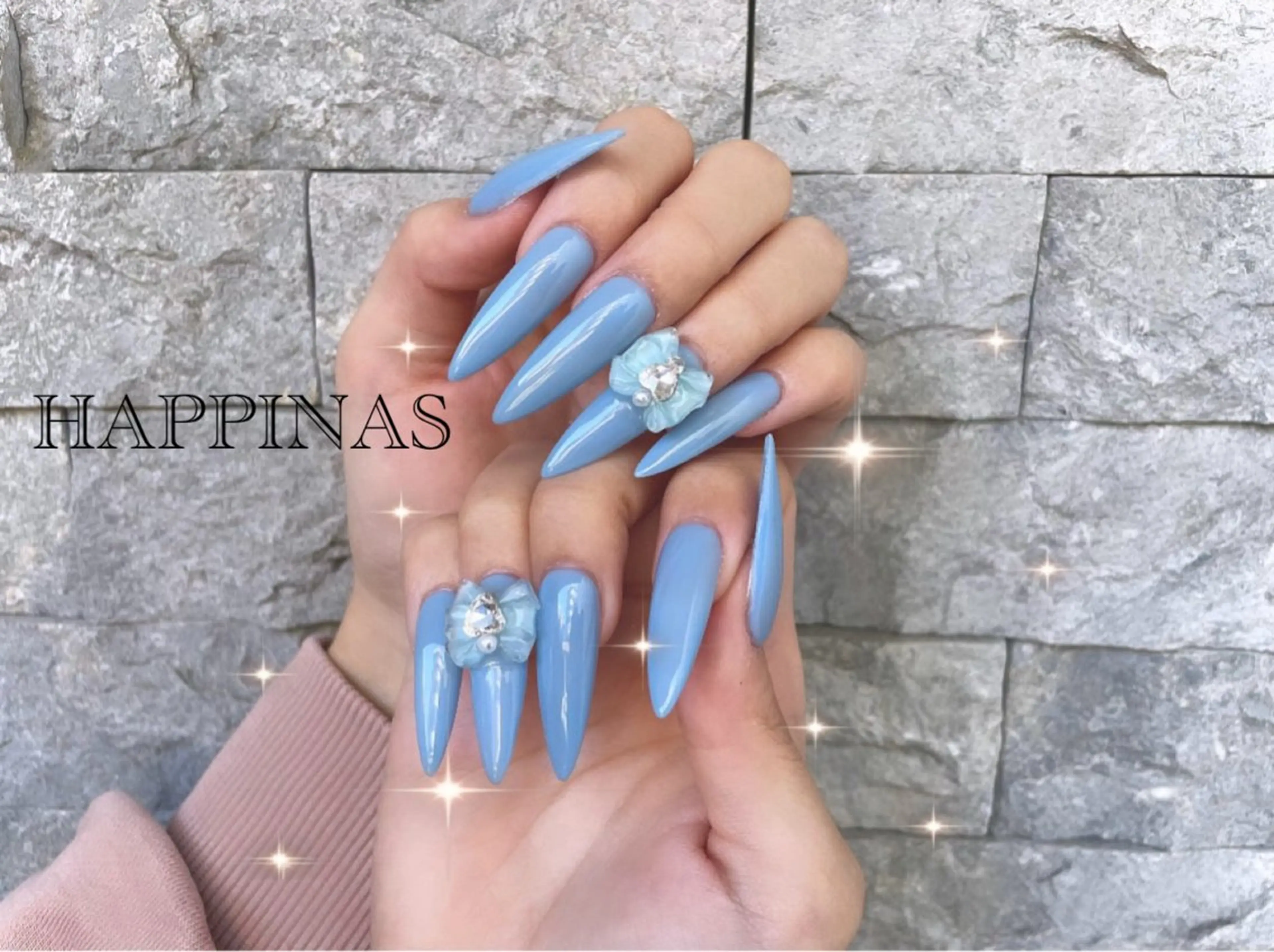 ネイル ガーリー 水色 ロングネイル リボン スカルプネイル HAPPINAS COCONAのネイルデザイン