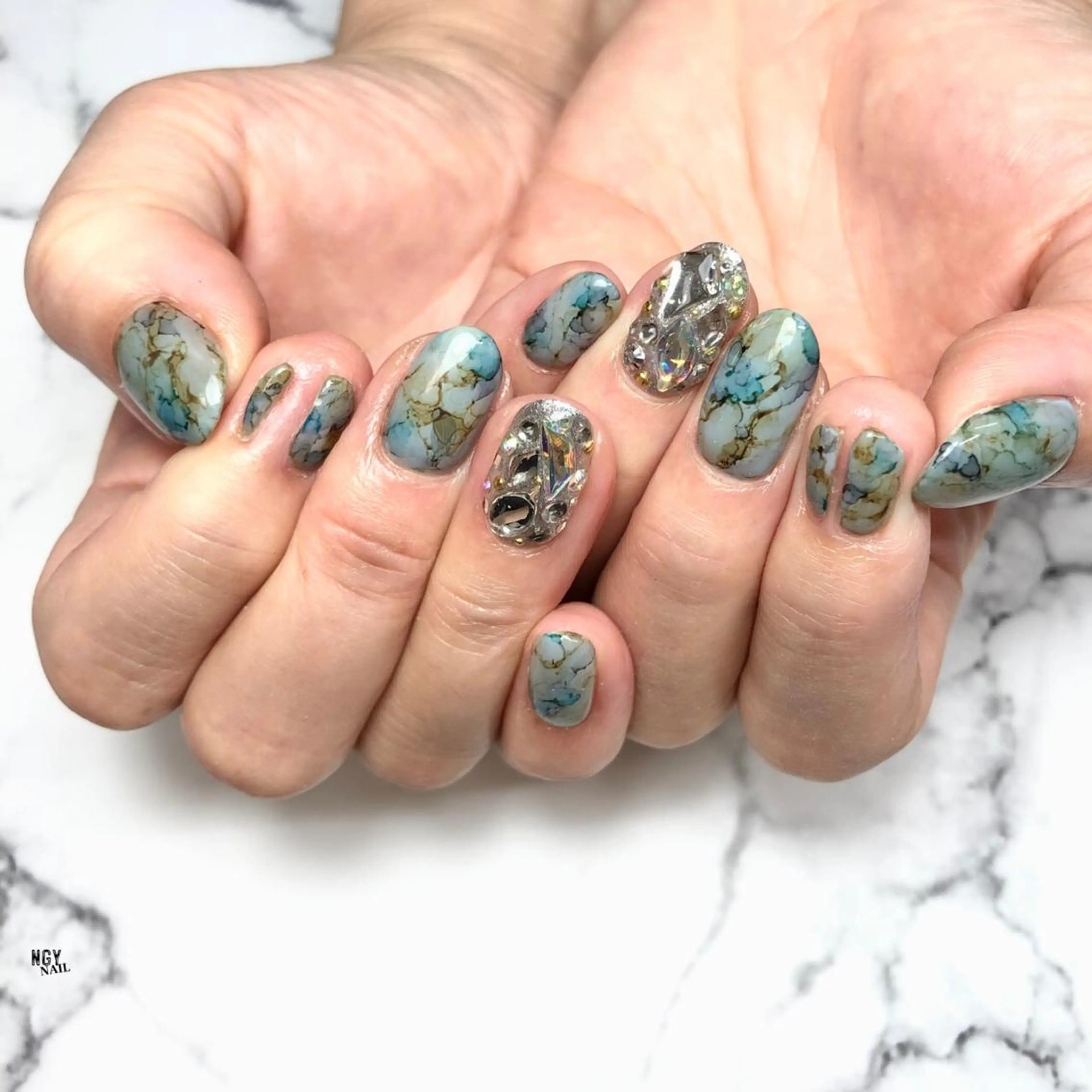 ネイル アートネイル ブルー ジェルネイル 大理石ネイル(マーブル) パラジェル ハンドネイル NAIL NOWのネイルデザイン