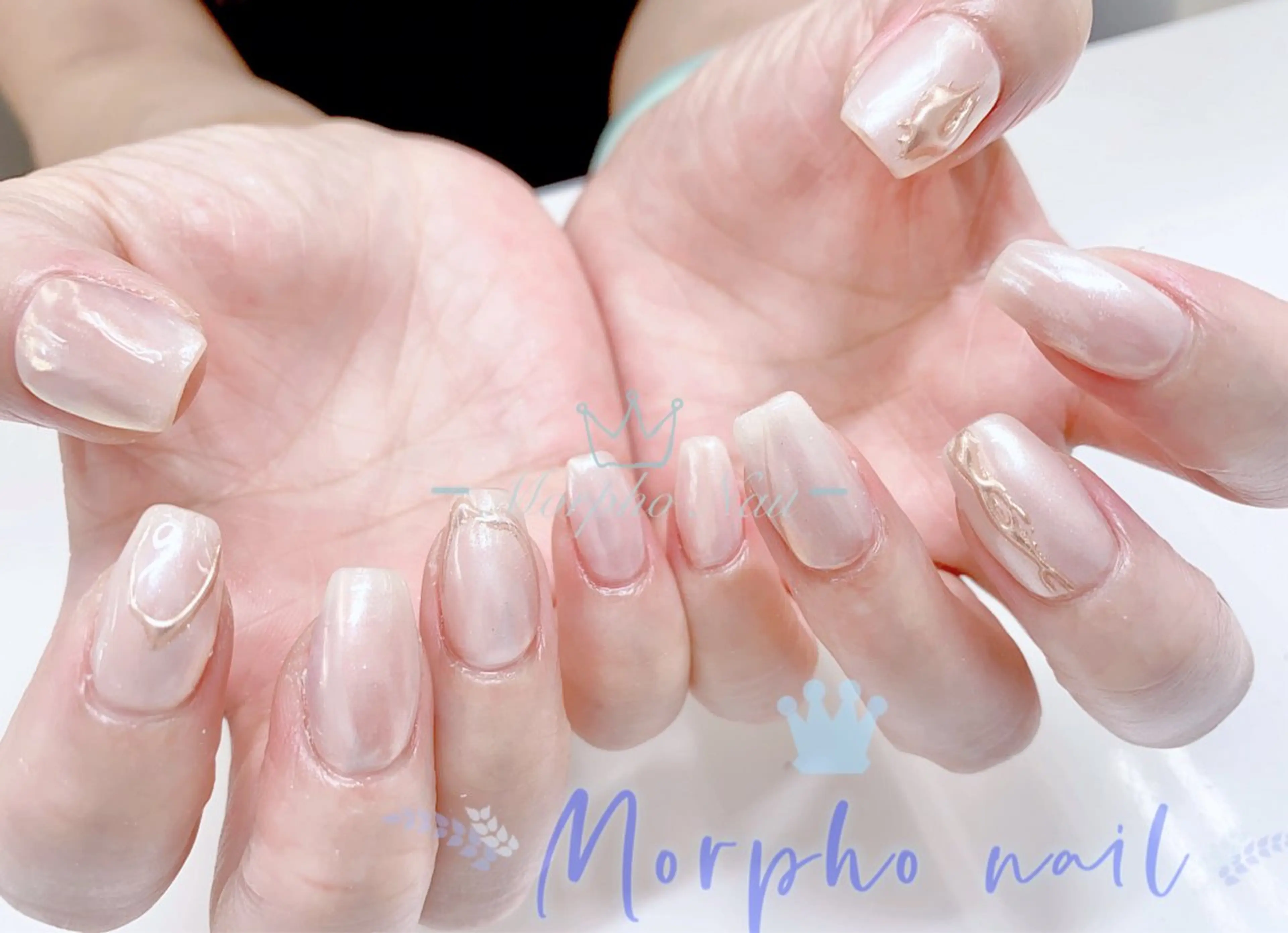 ネイル 長さ出し ジェルネイル キラキラネイル 大理石ネイル(マーブル) ニュアンスネイル ハンドネイル Morpho nailのネイルデザイン
