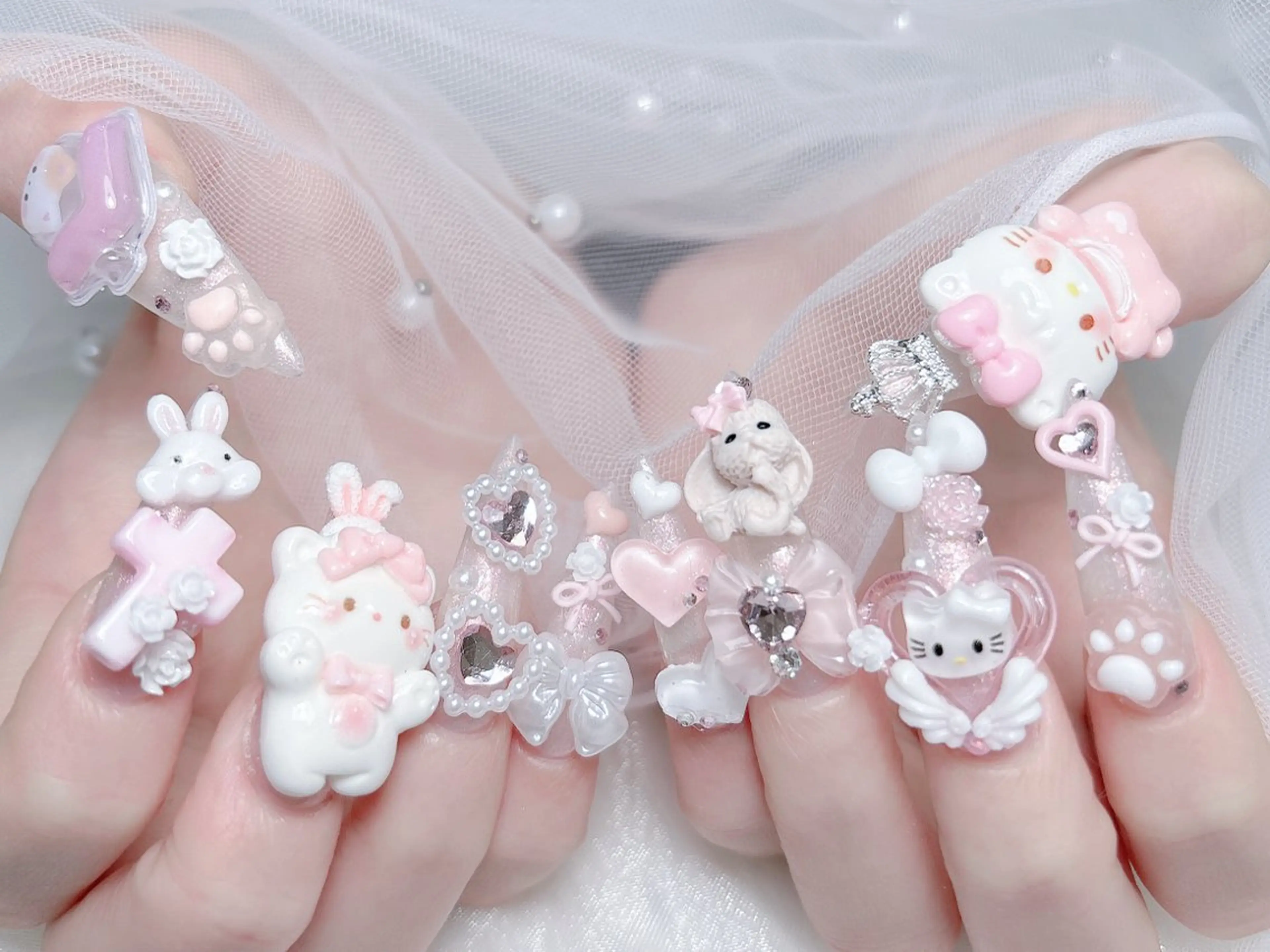 ネイル 成人式 ロングネイル マグネットネイル 大理石ネイル(マーブル) リボン ハンドネイル MoMoA Nail ネイル長さ出し専門店のネイルデザイン