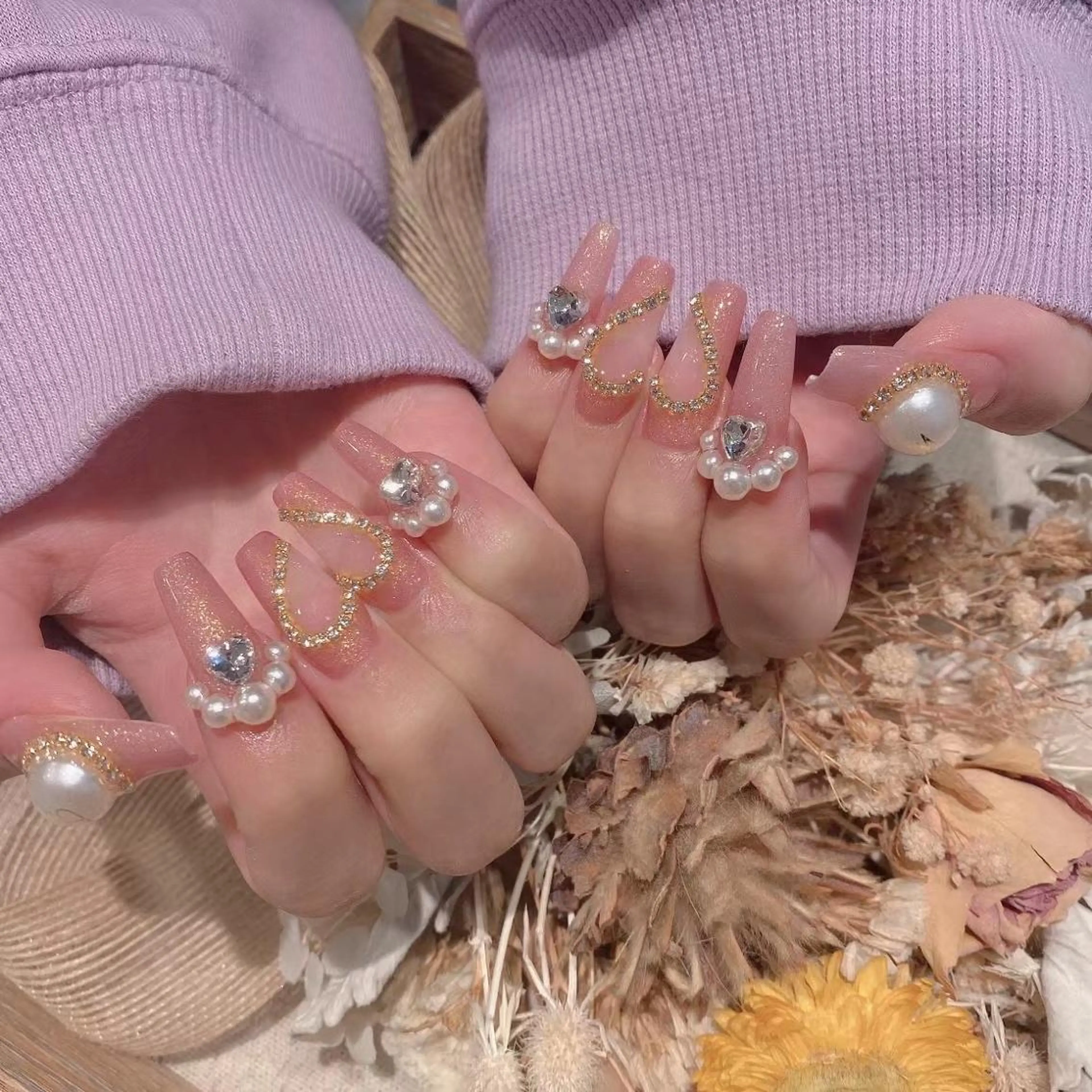 ネイル ガーリー ハート ラメ(グリッター) ピンク Babarla Nailのネイルデザイン