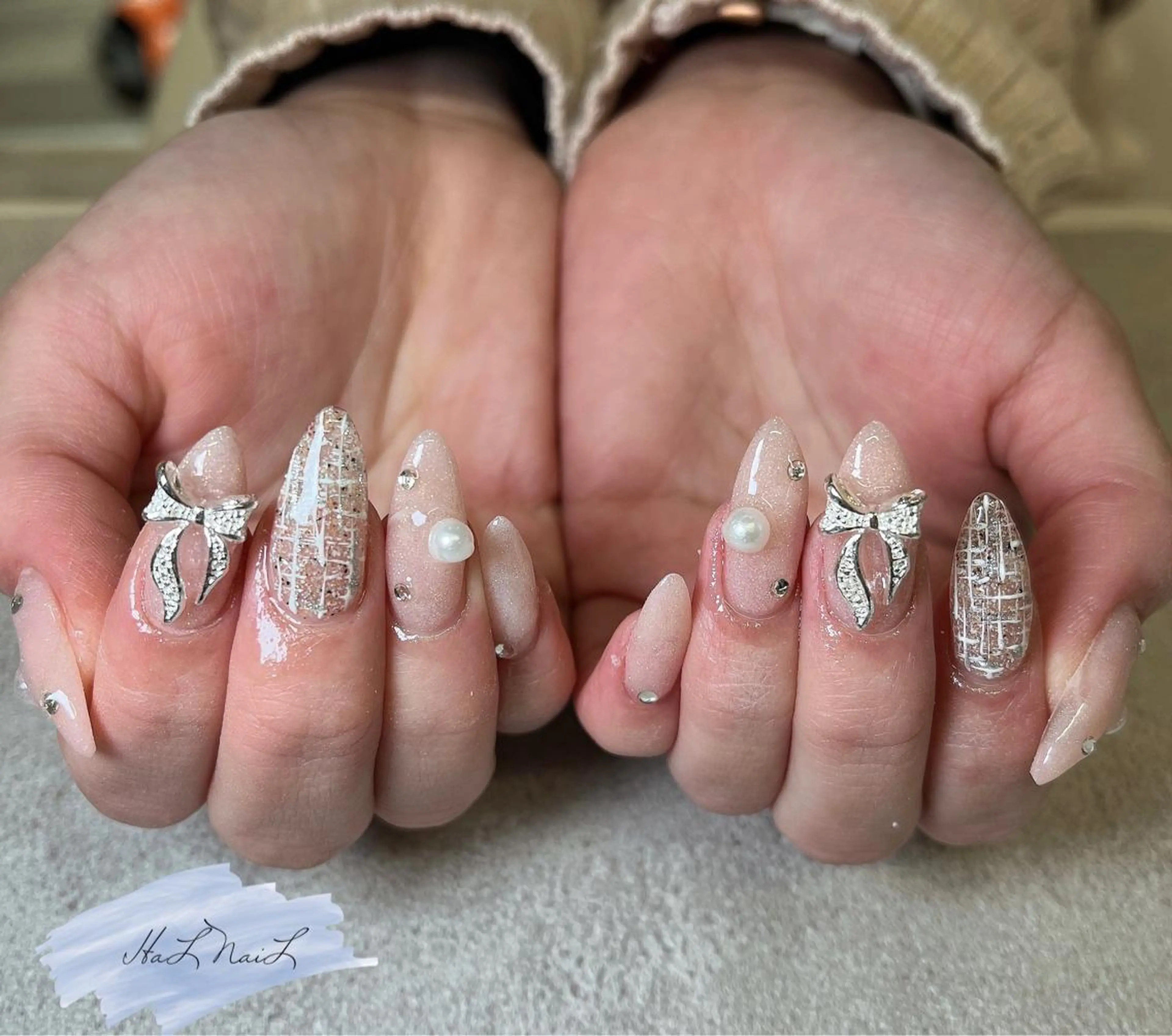 ネイル リボン ツイードネイル ハンドネイル HaL NaiLのネイルデザイン