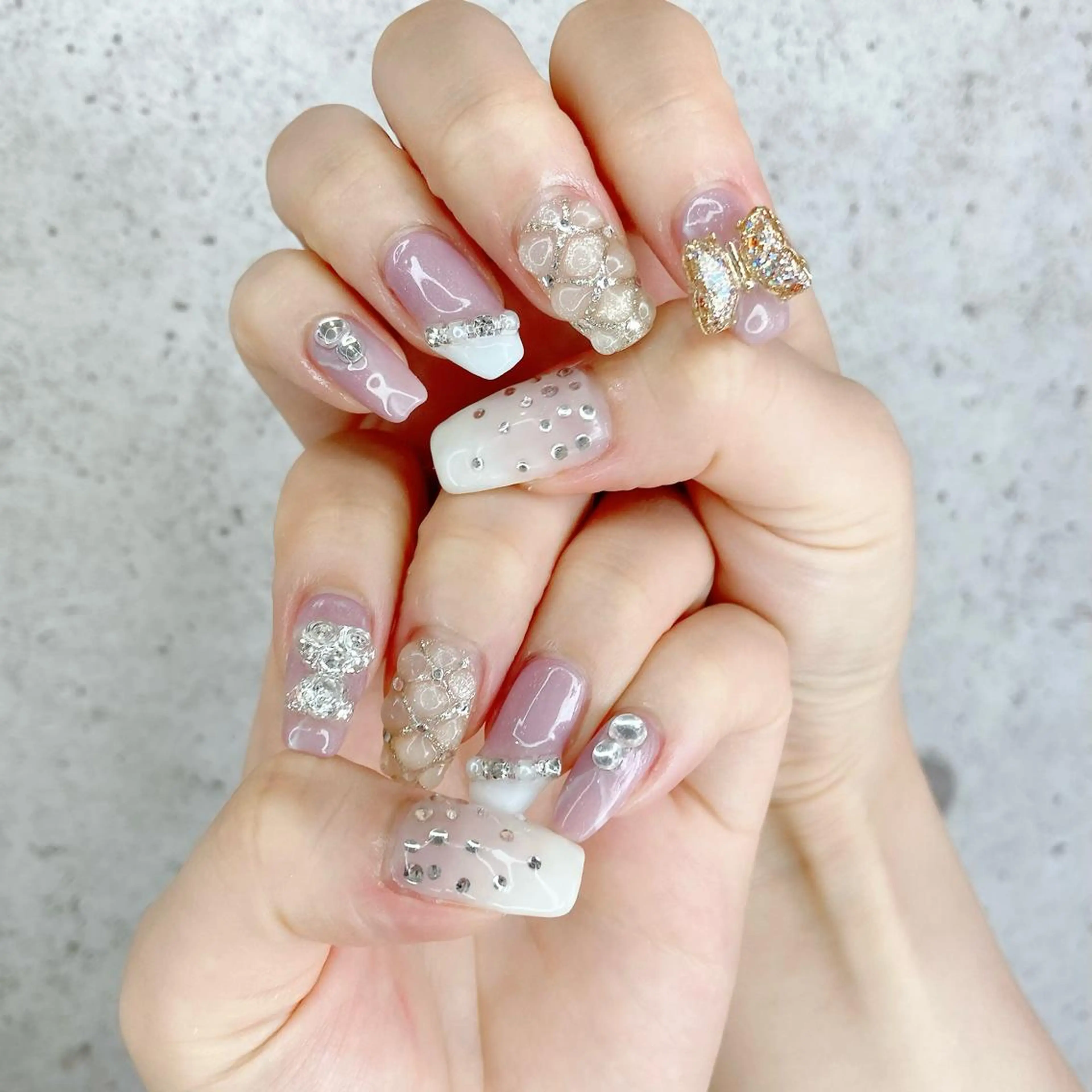ネイル フレンチネイル ジェルネイル キラキラネイル 大理石ネイル(マーブル) パラジェル ハンドネイル Nail Kのネイルデザイン