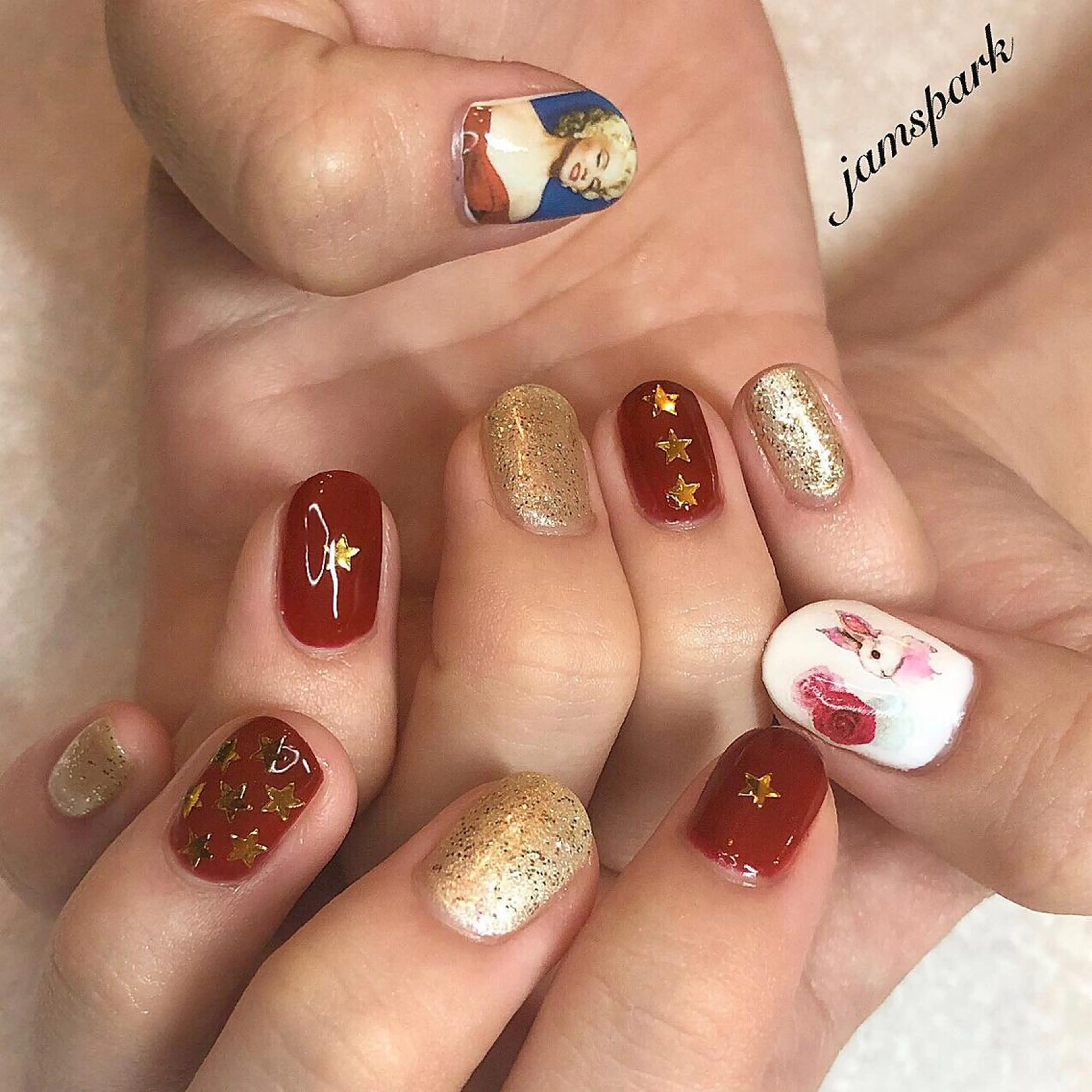 ネイル ゴールド 赤色 ハンドネイル jamspark ✨のネイルデザイン
