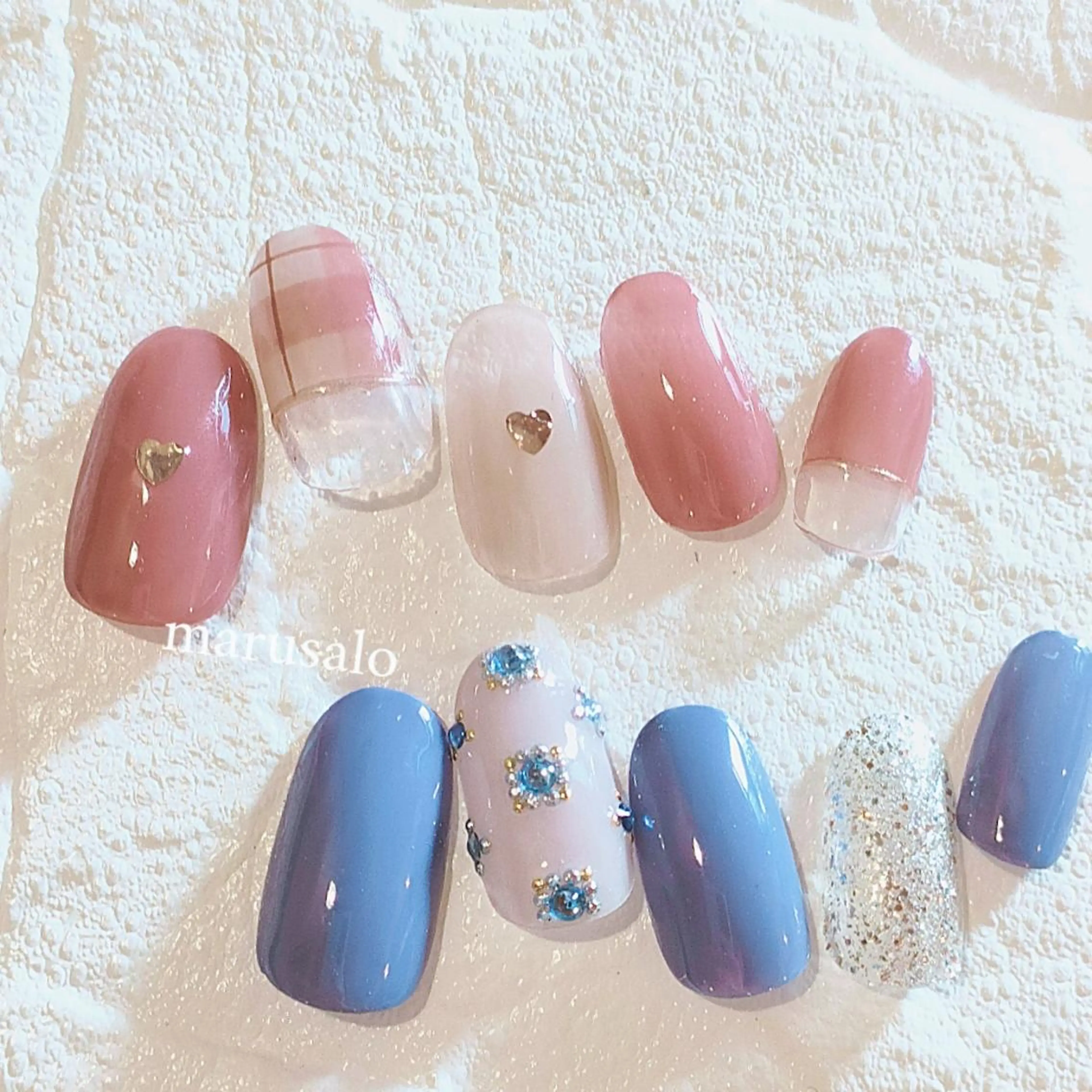 ネイル アートネイル ブルー ハート 韓国ネイル ピンク marusalo nailのネイルデザイン