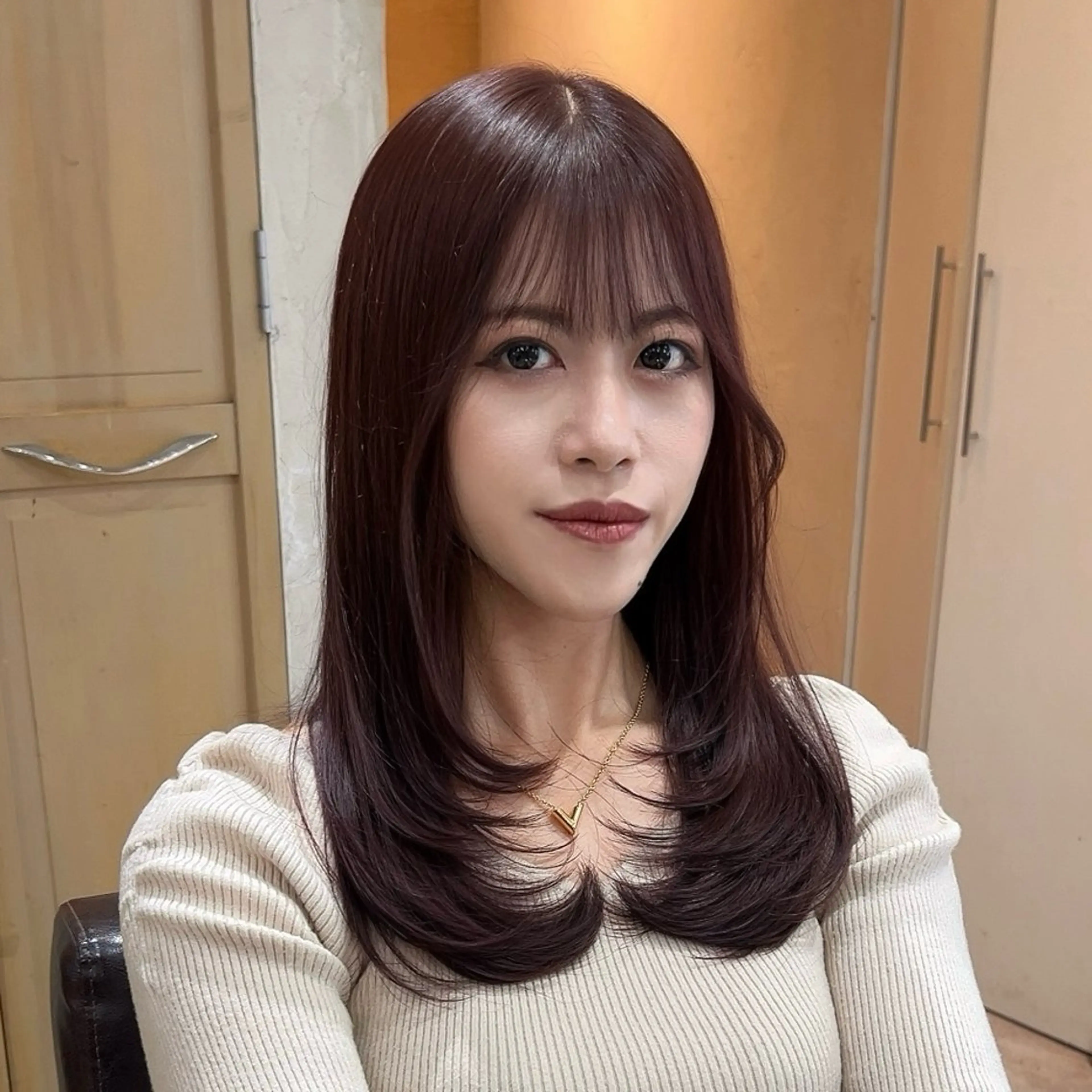 ミディアム カラー レッドカラー 顔周りカット 韓国風ヘア レイヤーカット カット ヘアカラー トリートメント 髪質改善/ レイヤーカット金井翔のヘアスタイル