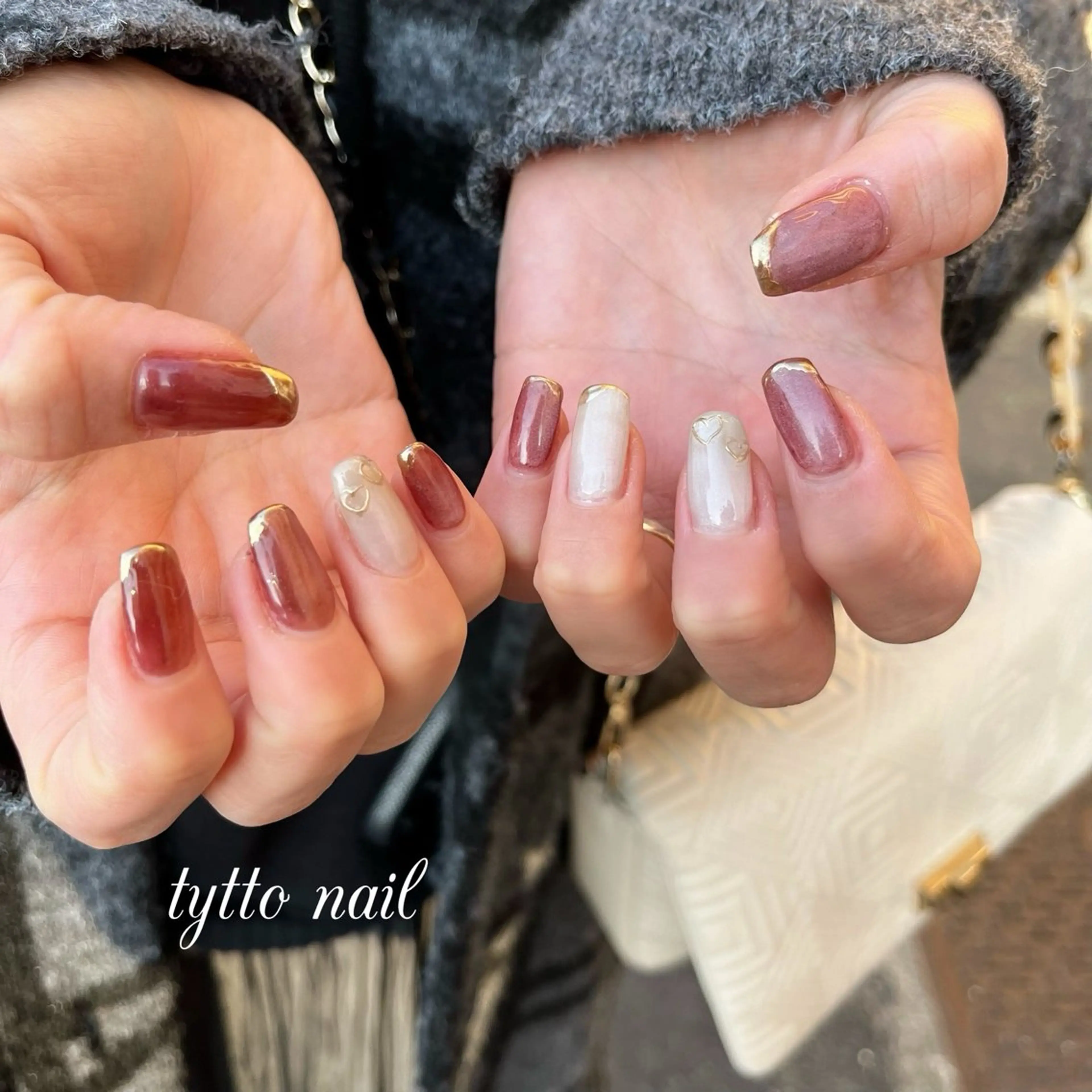 ネイル ボルドー ハート キラキラネイル マグネットネイル ミラーネイル ハンドネイル tytto nail ❤︎‪‪eri‪‪のネイルデザイン