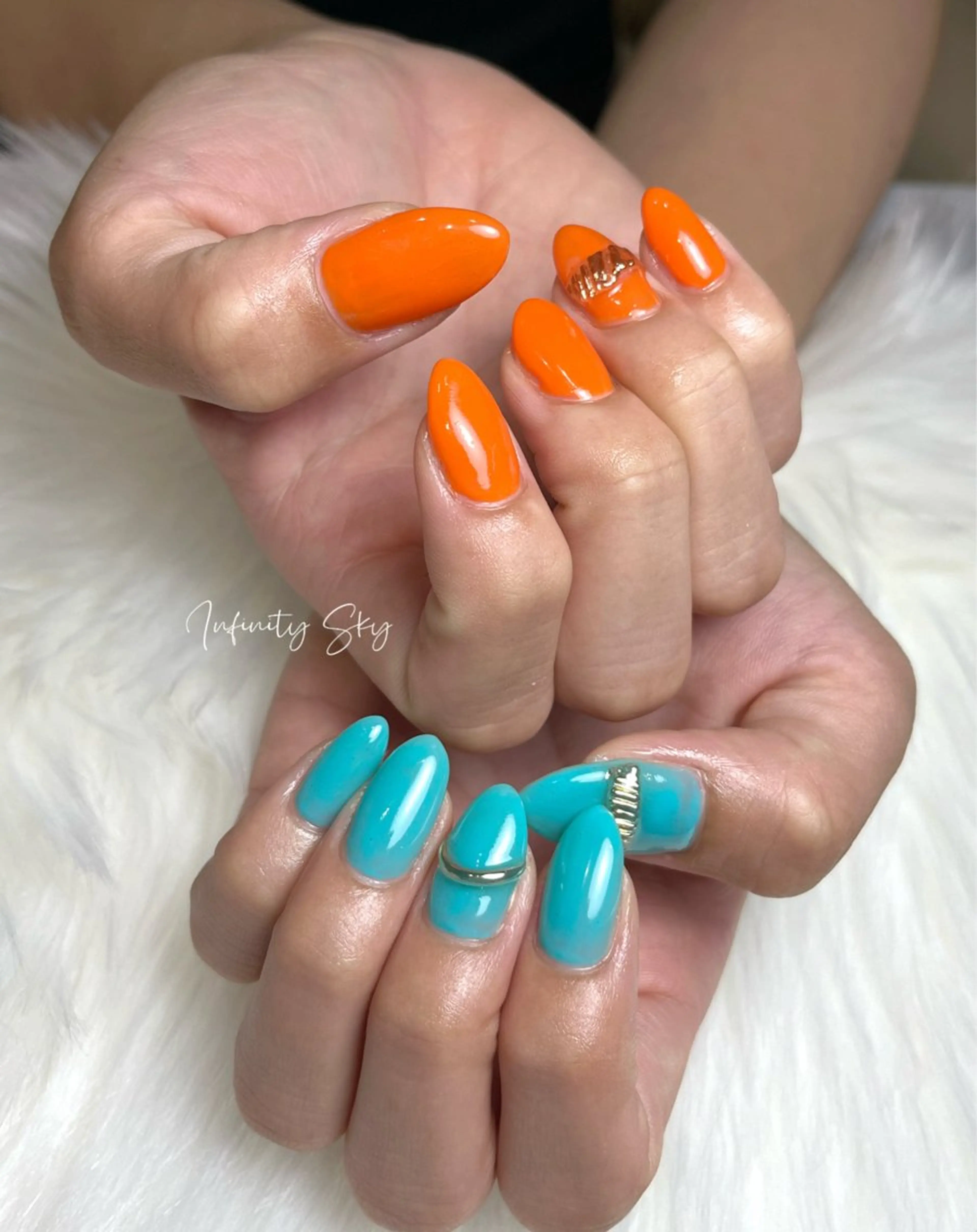 ネイル ブルー オレンジ 夏ネイル infinity skyのネイルデザイン