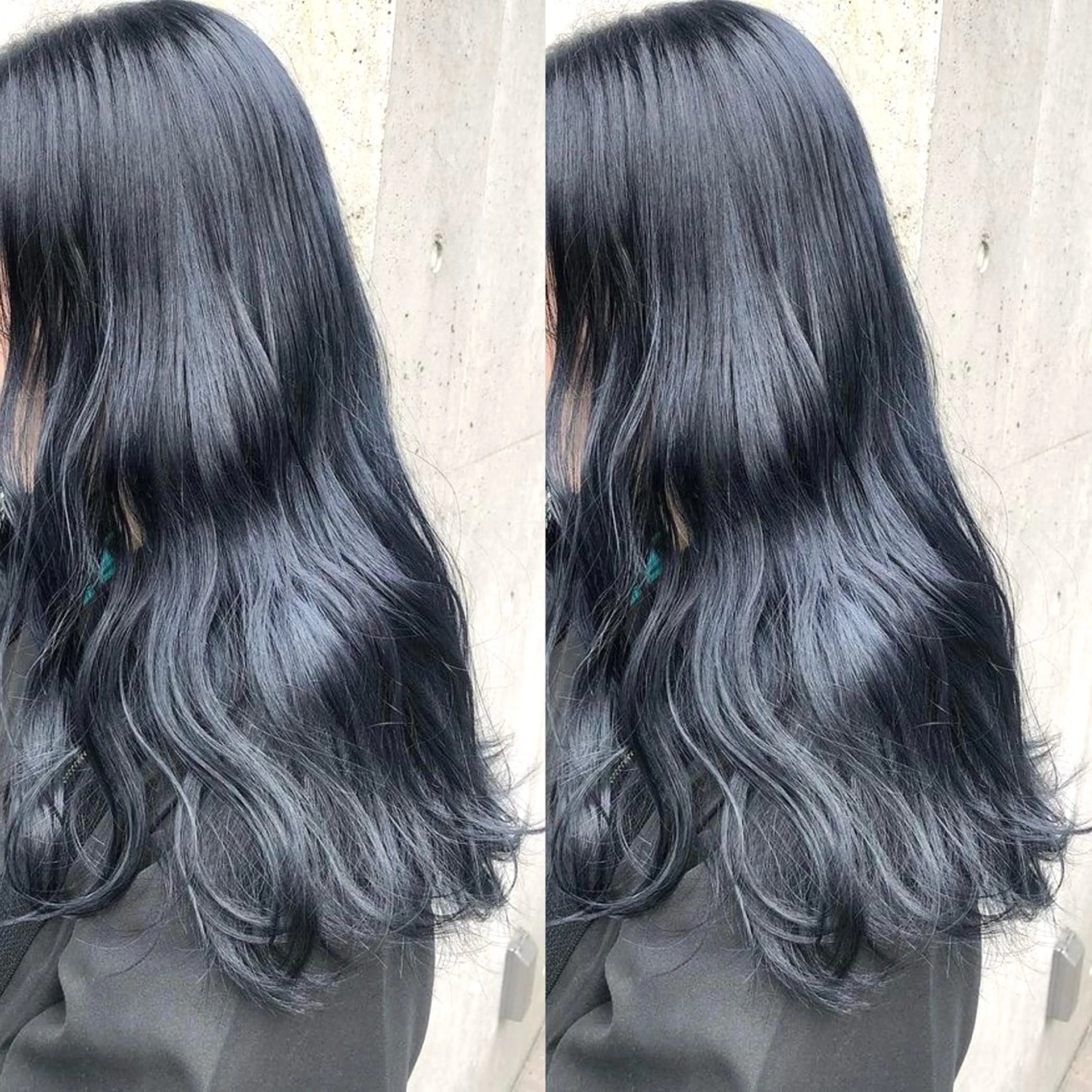 ロング カラー 黒髪 ブルーカラー ブルーブラック ヘアカラー トリートメント ⚡️ブリーチリタッチ グレー/ハイライトのヘアスタイル