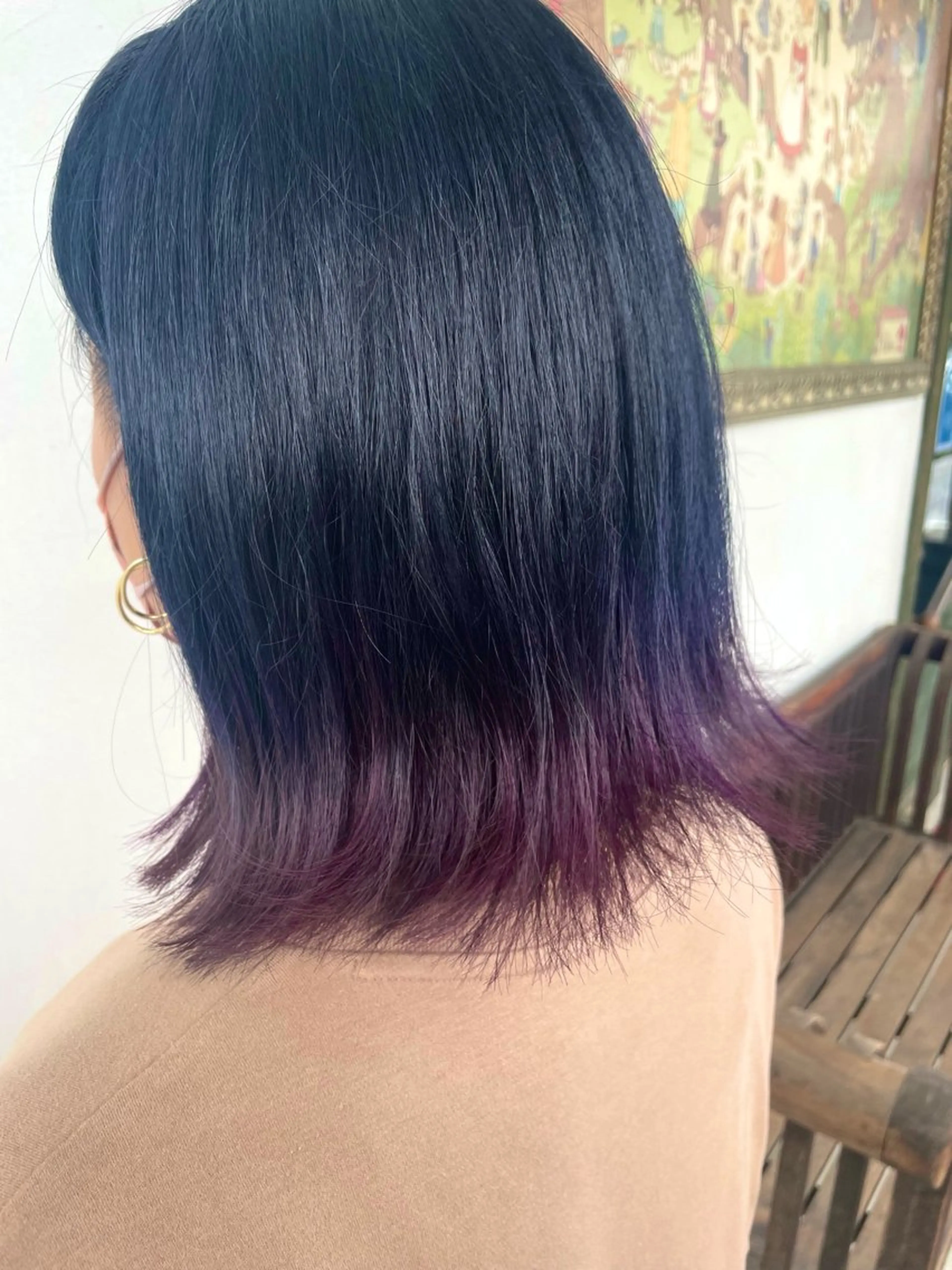 ミディアム カラー 黒髪 ブルーカラー ブルーブラック パープルカラー ヘアカラー トリートメント 茂原 麻生のヘアスタイル