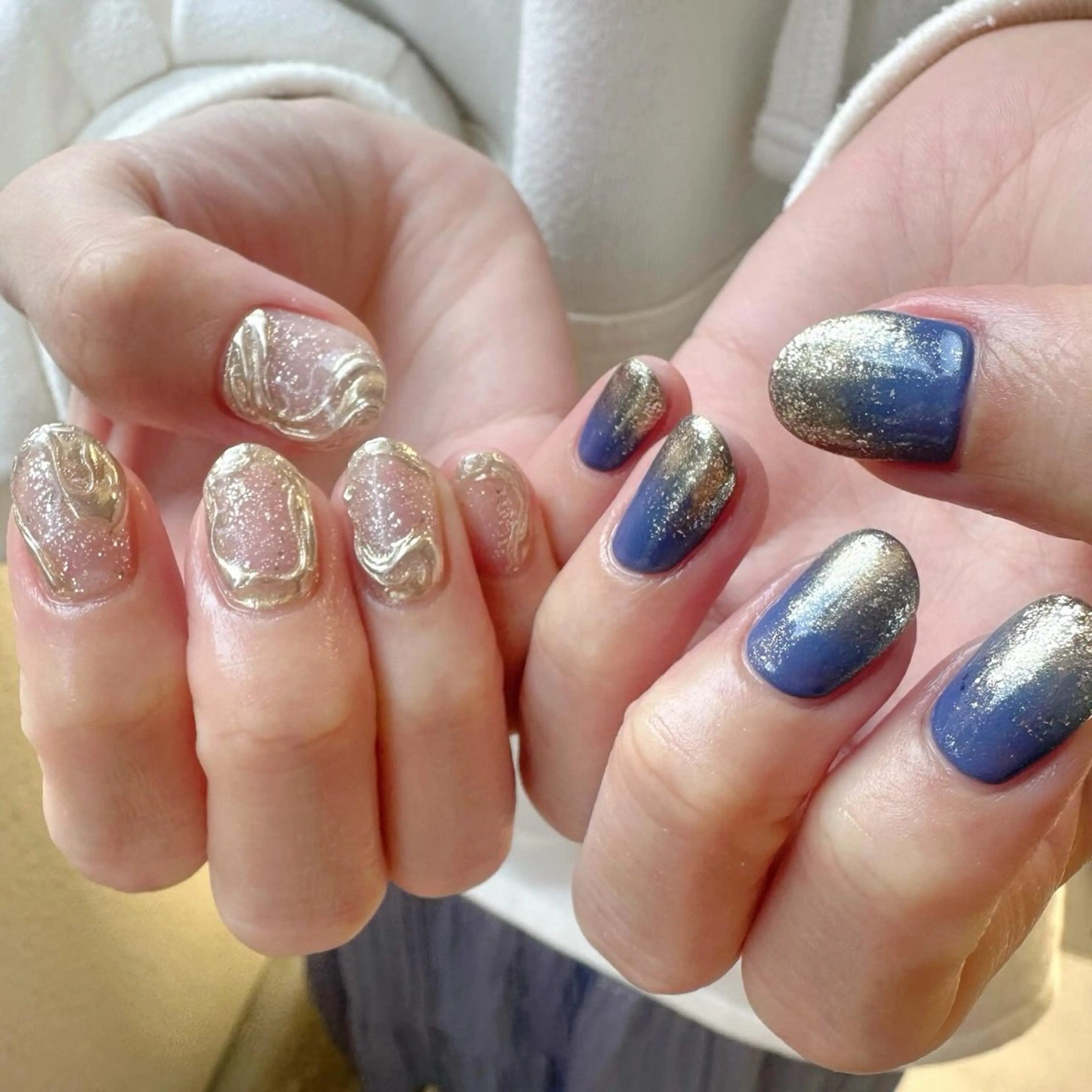 ネイル ブルー ゴールド 氷ネイル・うるうるネイル キラキラネイル 韓国ネイル 🪞KAPE NAIL 🪞のネイルデザイン