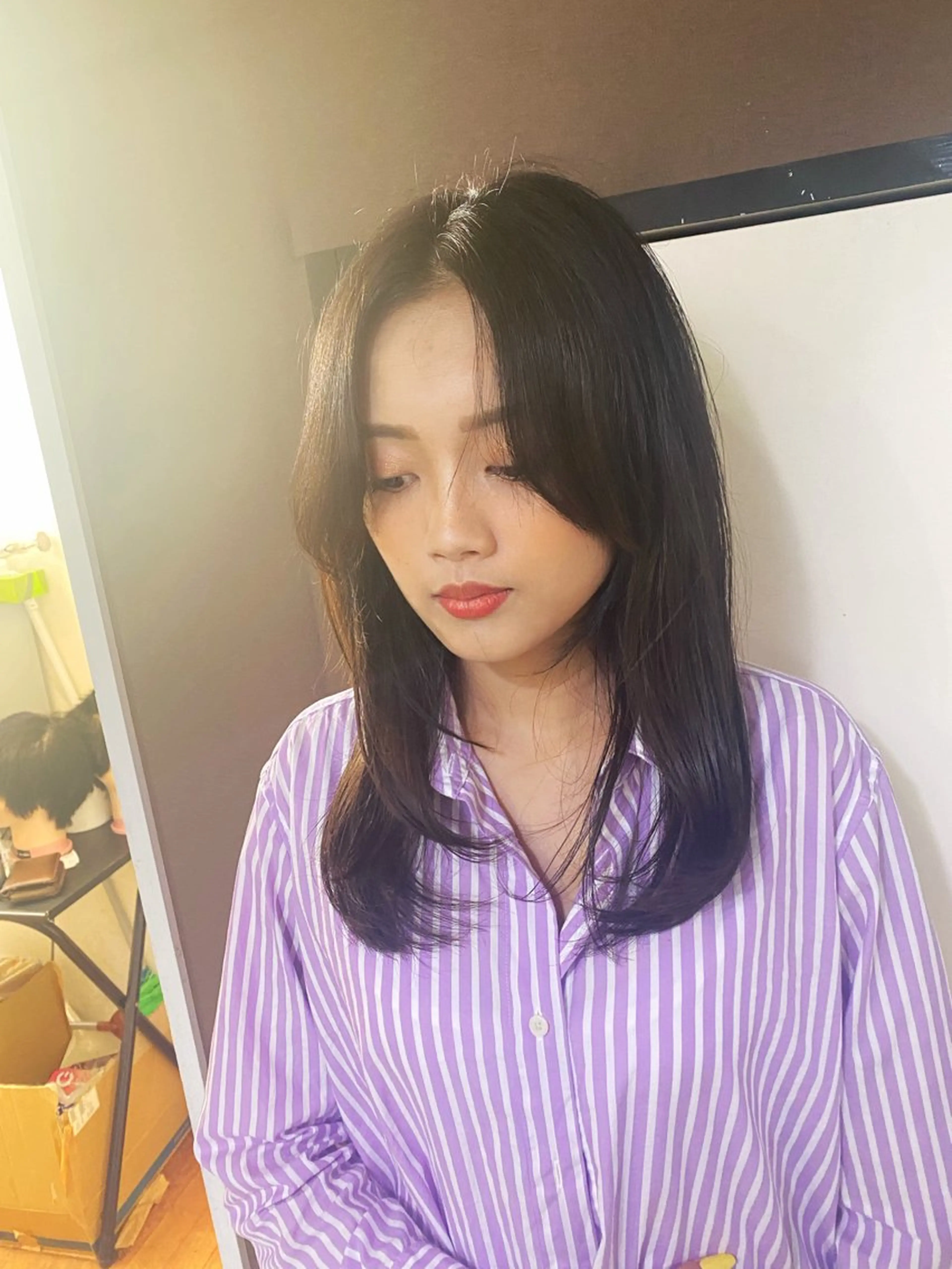 セミロング カラー オリーブカラー 韓国風ヘア レイヤーカット 似合わせハイトーン 👾はちすのヘアスタイル