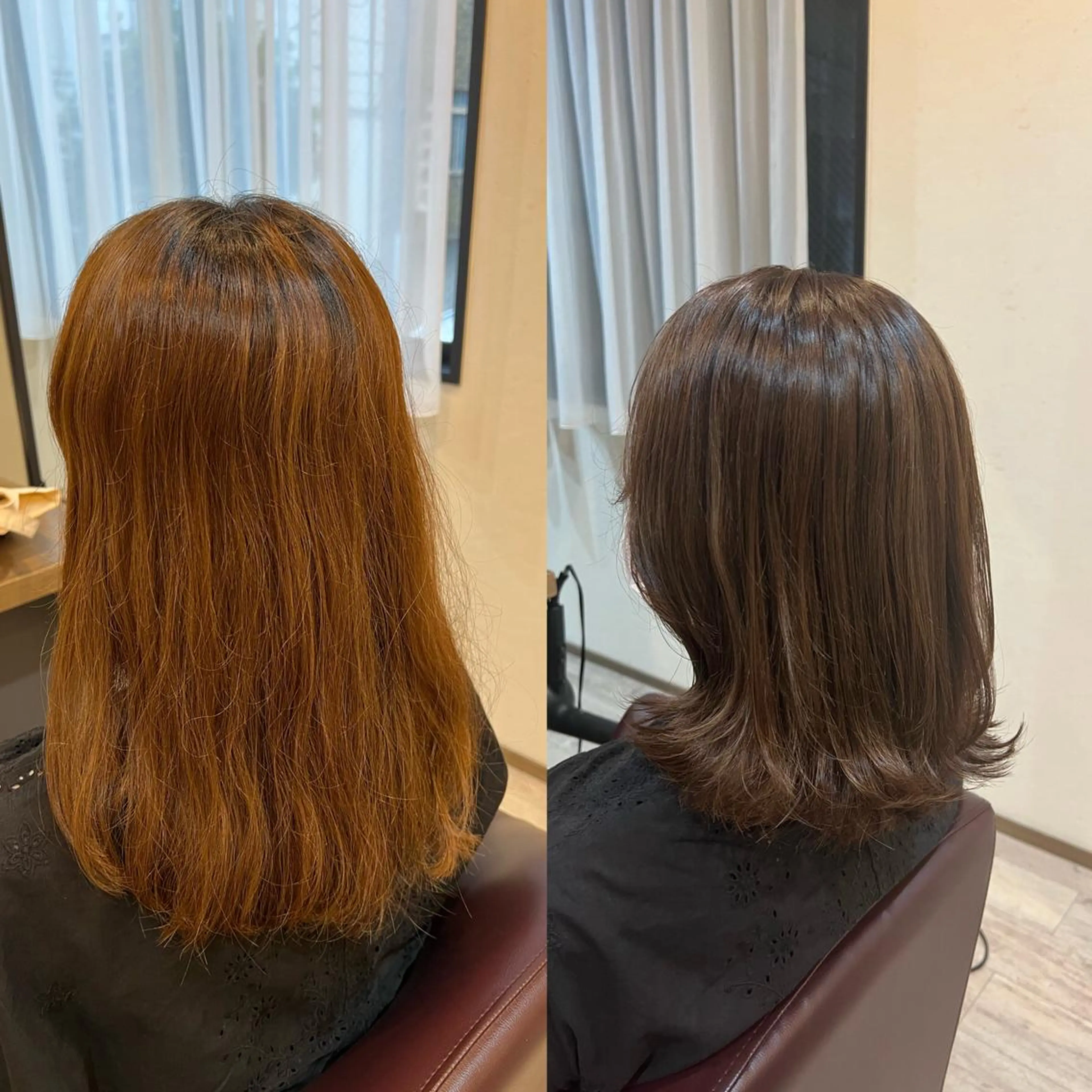 ミディアム カラー グレージュ オレンジ カット ヘアカラー 工藤 梨花のヘアスタイル