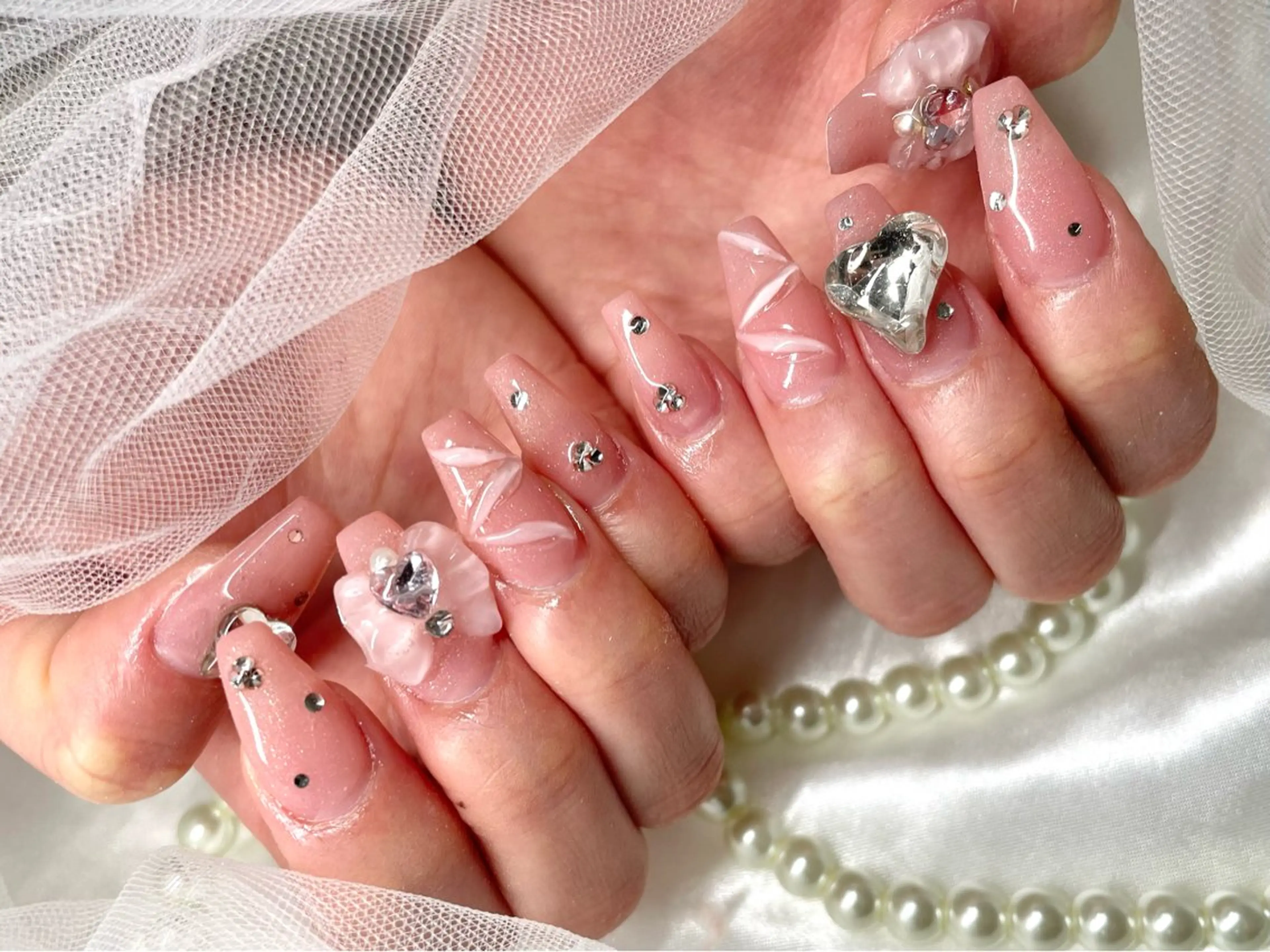 ネイル 長さ出し ロングネイル ピンク リボン 春ネイル ハンドネイル ゆりか ジョアアンジェ福島のネイルデザイン