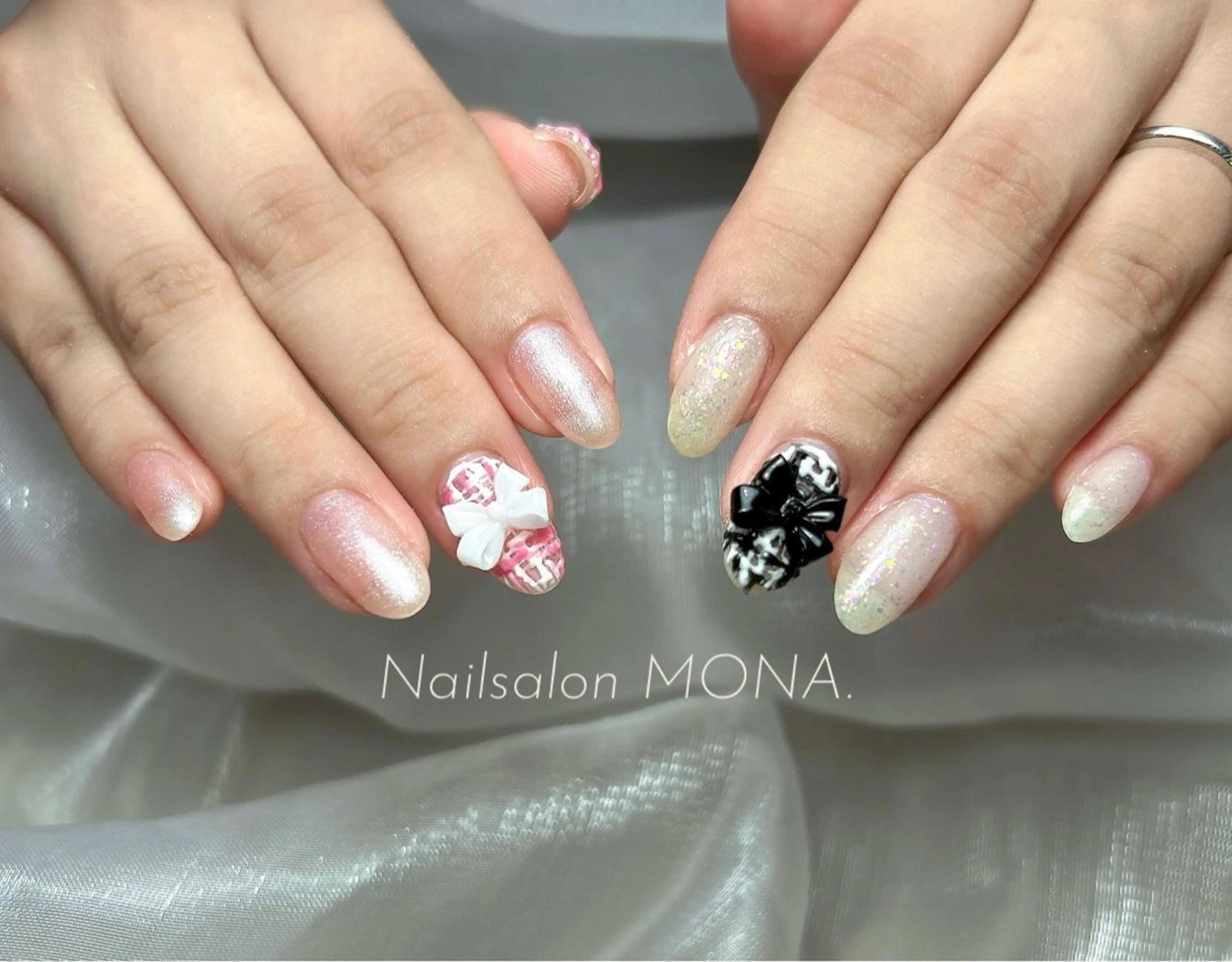 ネイル リボン ツイードネイル ハンドネイル Nailsalon MONA.のネイルデザイン