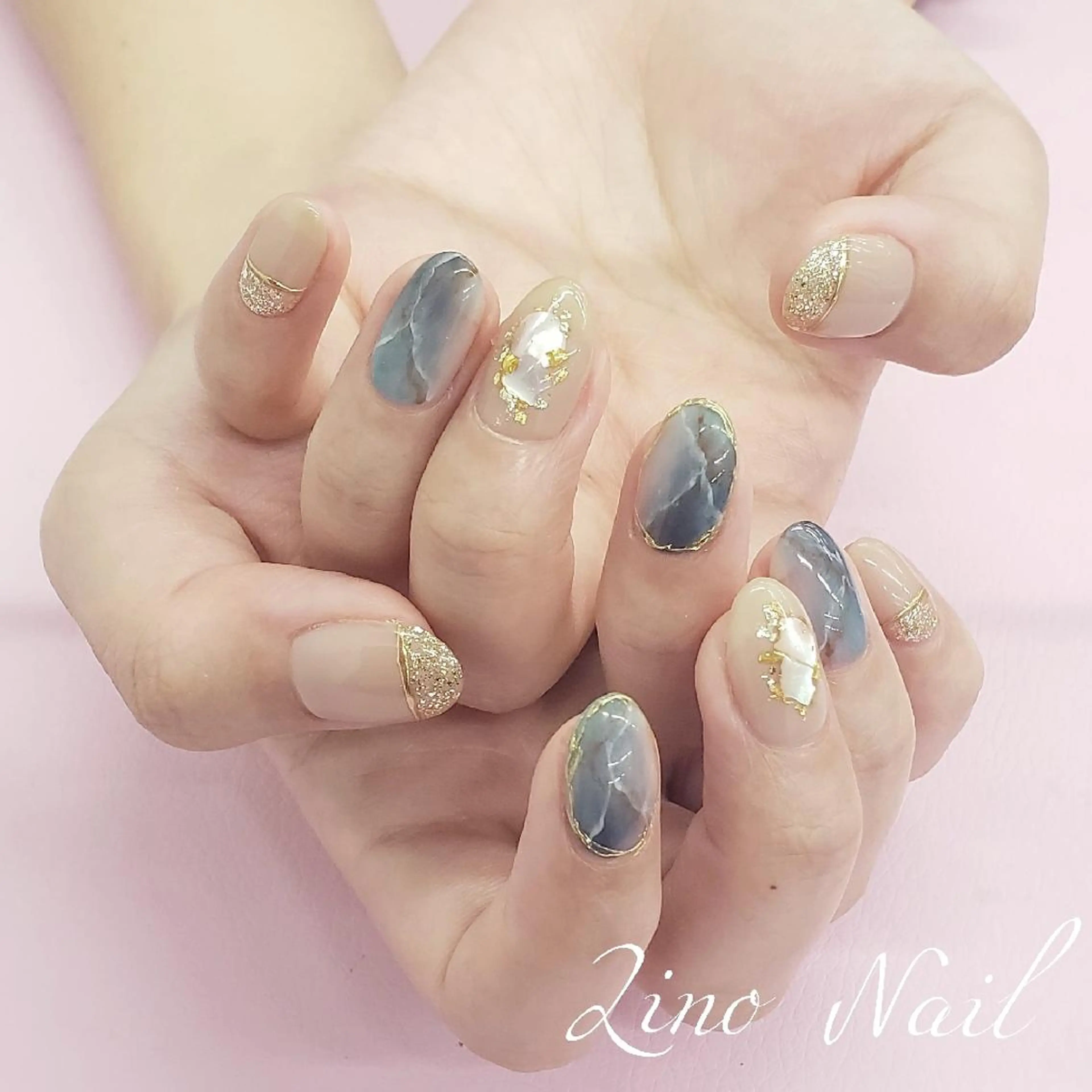 ネイル ブルー カジュアル ジェルネイル ラメ(グリッター) 大理石ネイル(マーブル) Lino Nailのネイルデザイン