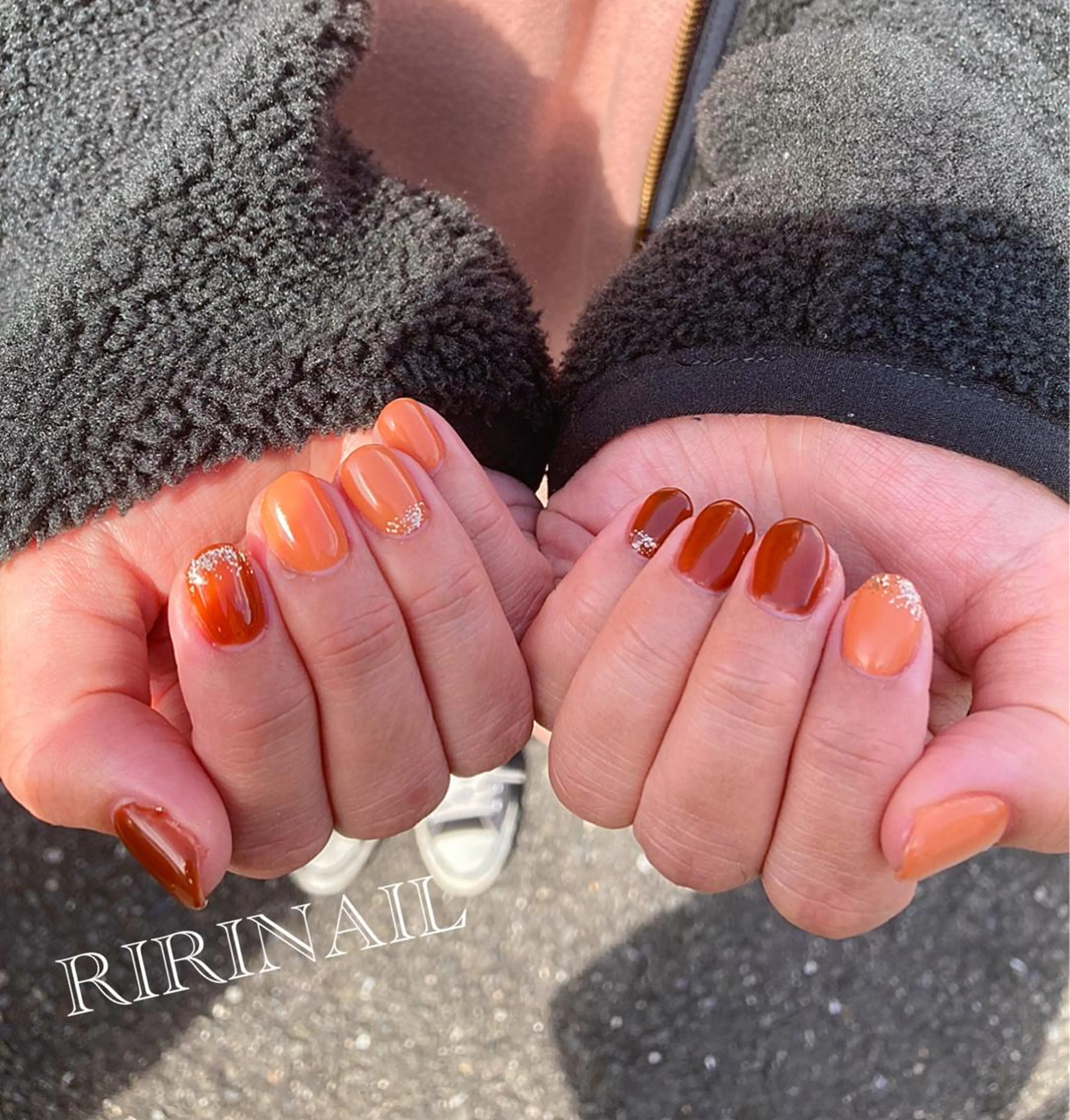ネイル ブラウン オレンジ ショートネイル ハンドネイル RIRI NAIL♡のネイルデザイン