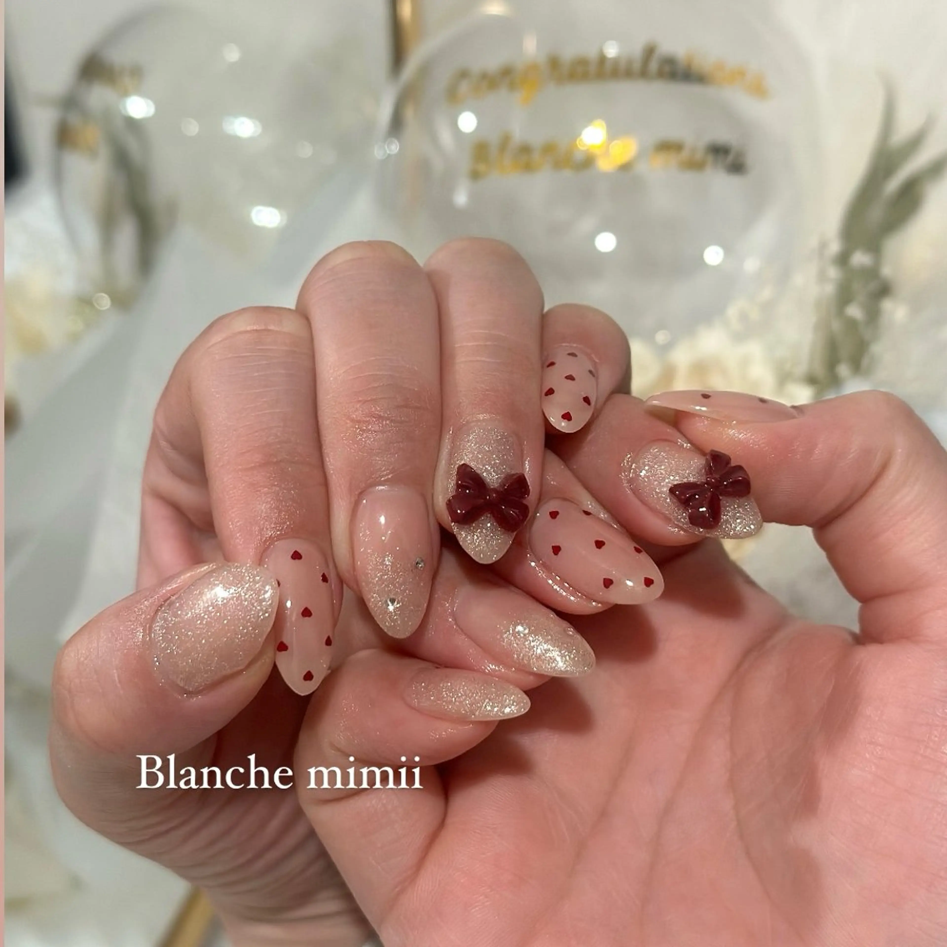 ネイル アートネイル ボルドー ガーリー グラデーション ハート ハンドネイル Blanche　mimii所属・Blanche Ayaのネイルデザイン