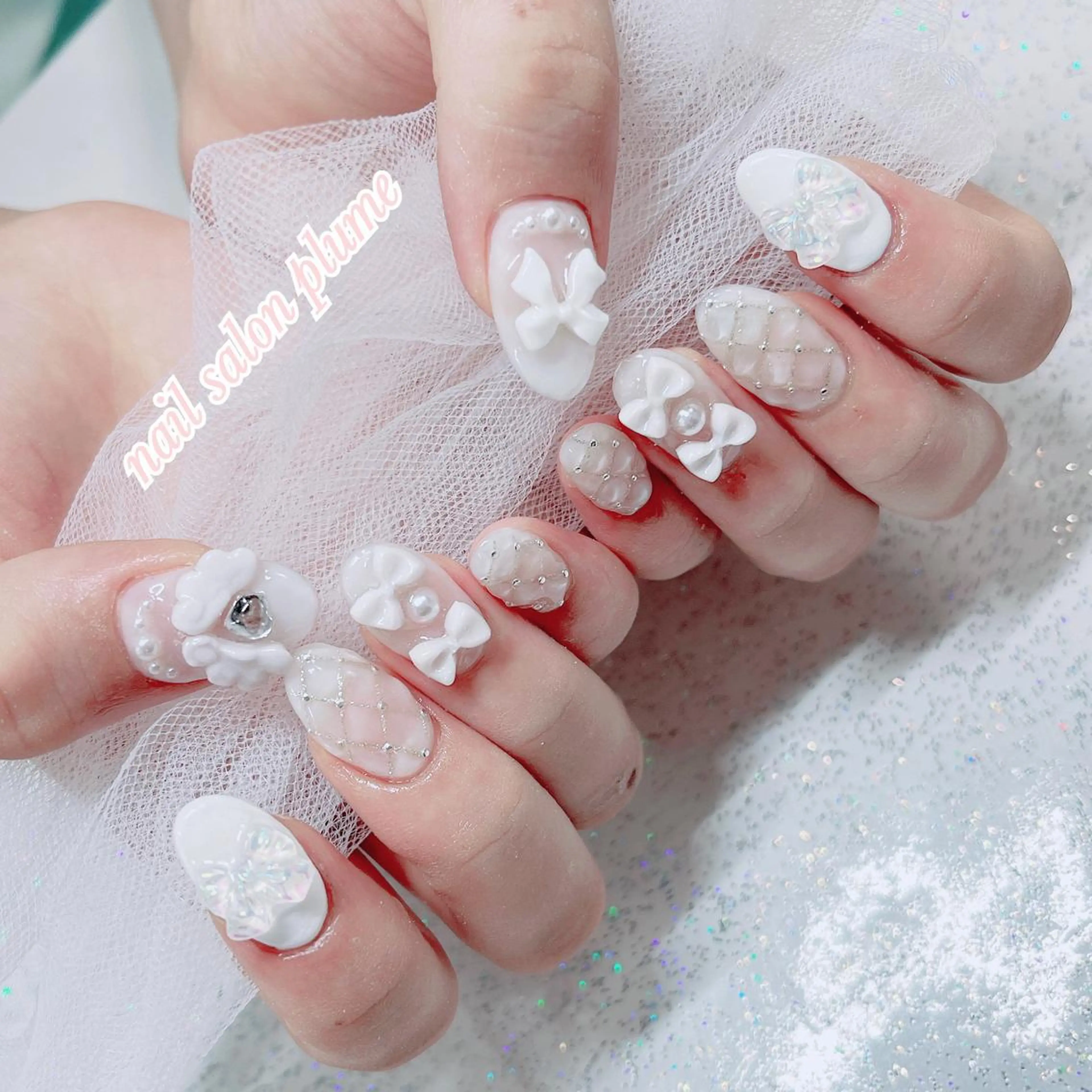 ネイル アートネイル ガーリー ハート 韓国ネイル リボン ハンドネイル plume nail ☆韓国ネイルのネイルデザイン