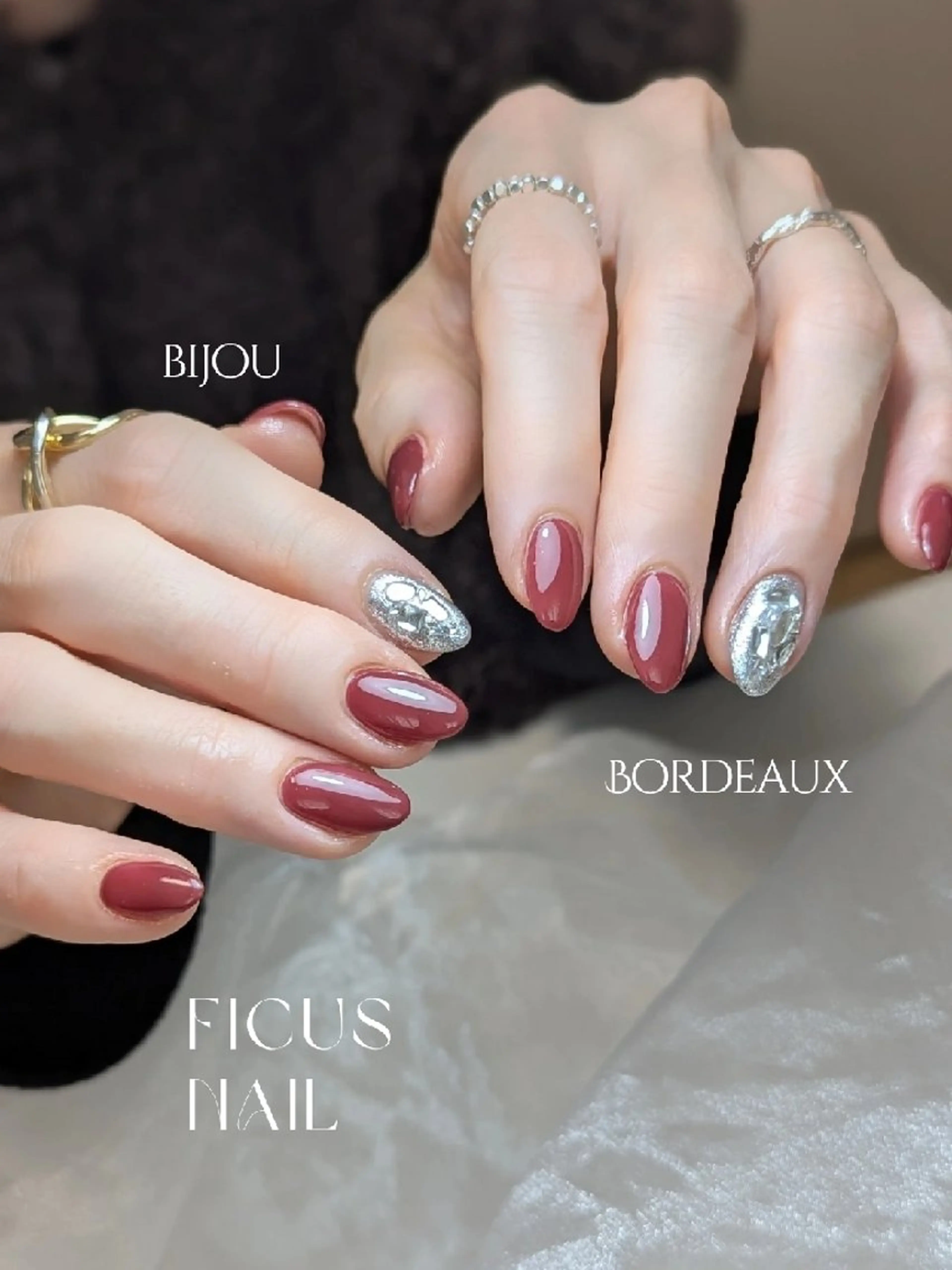 ネイル ボルドー キラキラネイル ショートネイル 冬ネイル ハンドネイル ficus nailのネイルデザイン
