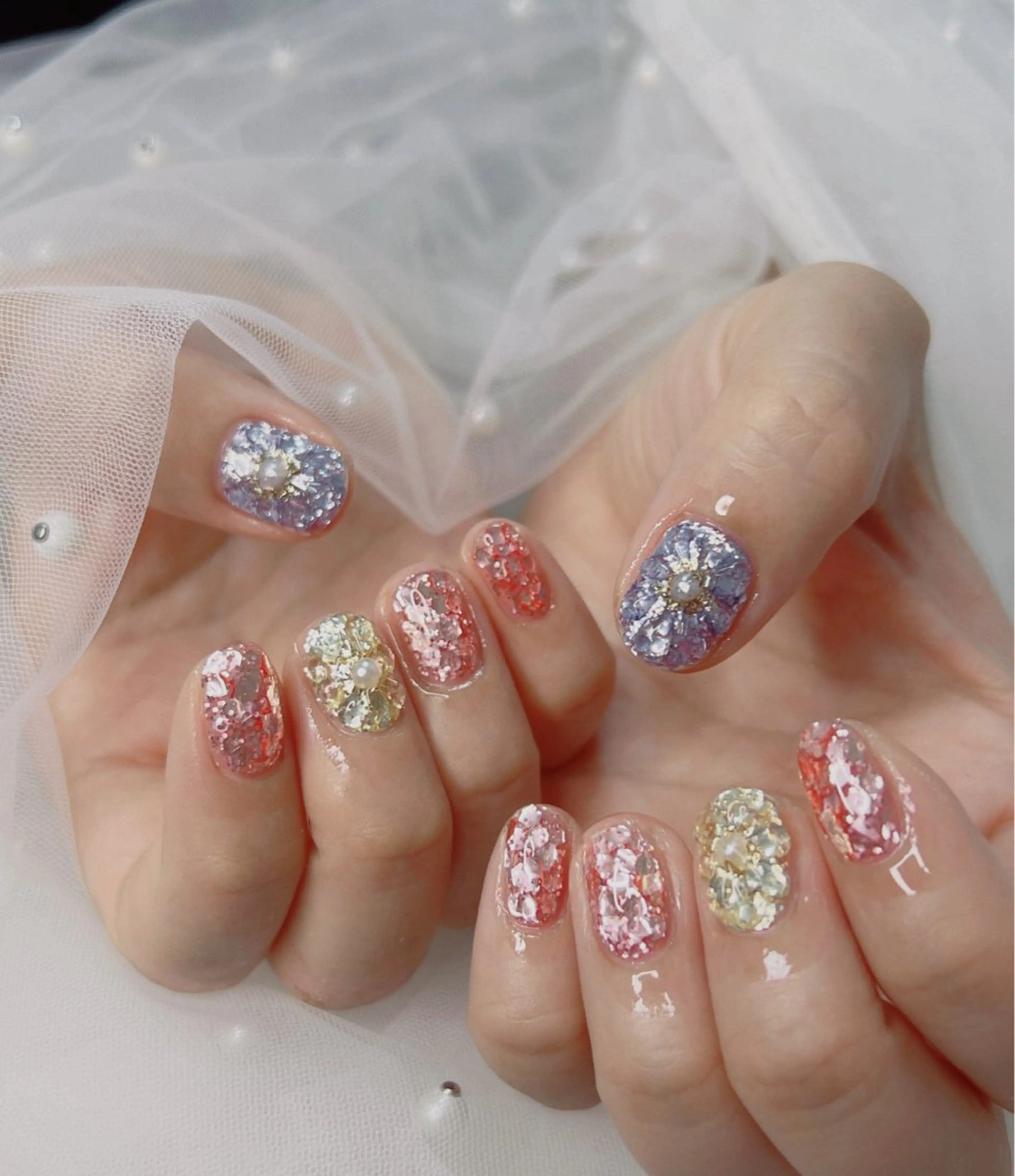 ネイル オーロラネイル 長さ出し フットネイル 韓国ネイル ラメ(グリッター) 👍thumbs up nail👍のネイルデザイン