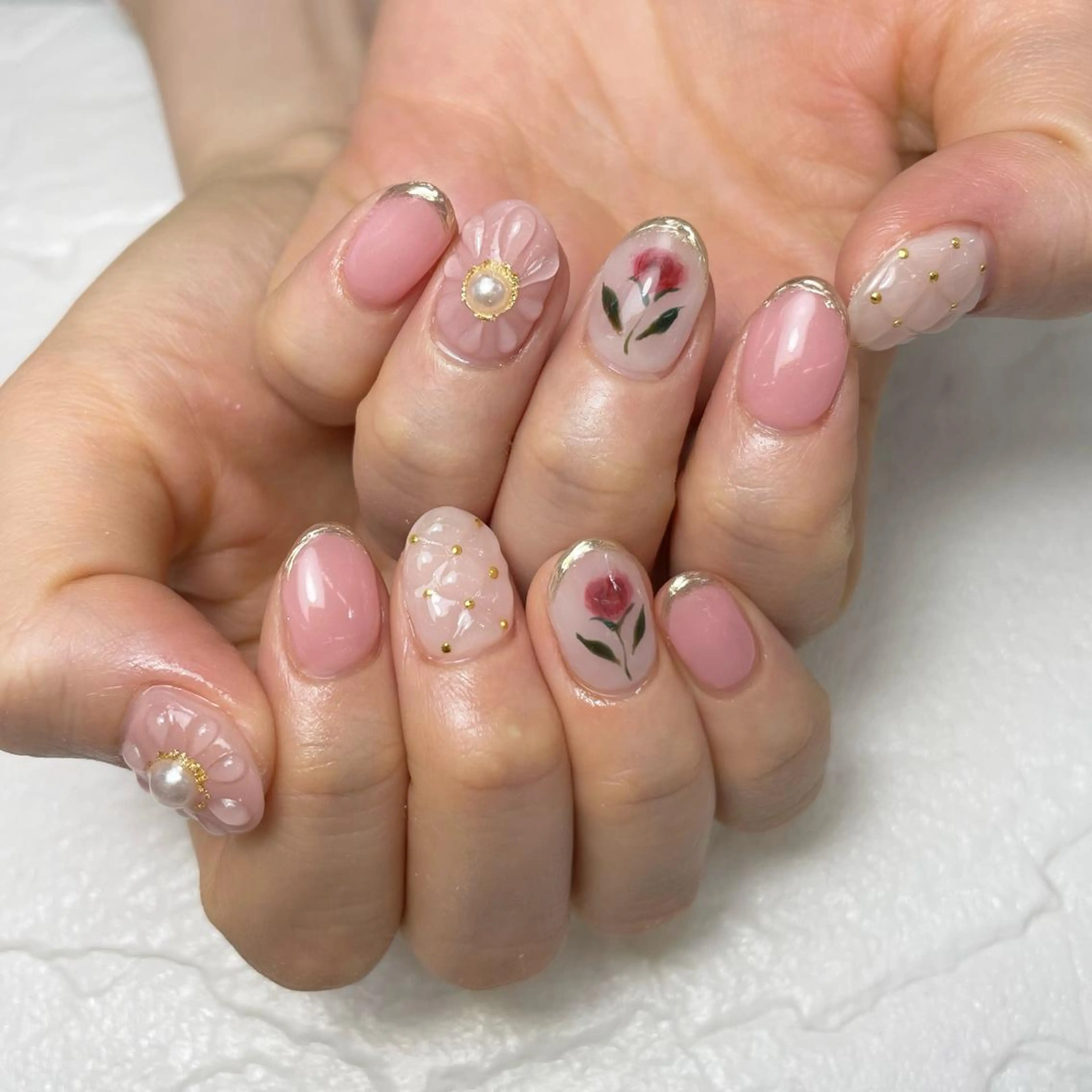 ネイル フラワーネイル フレンチネイル ミラーネイル 持ち込み ぷっくりネイル Nail Blue512所属・Nailist MINORIのネイルデザイン