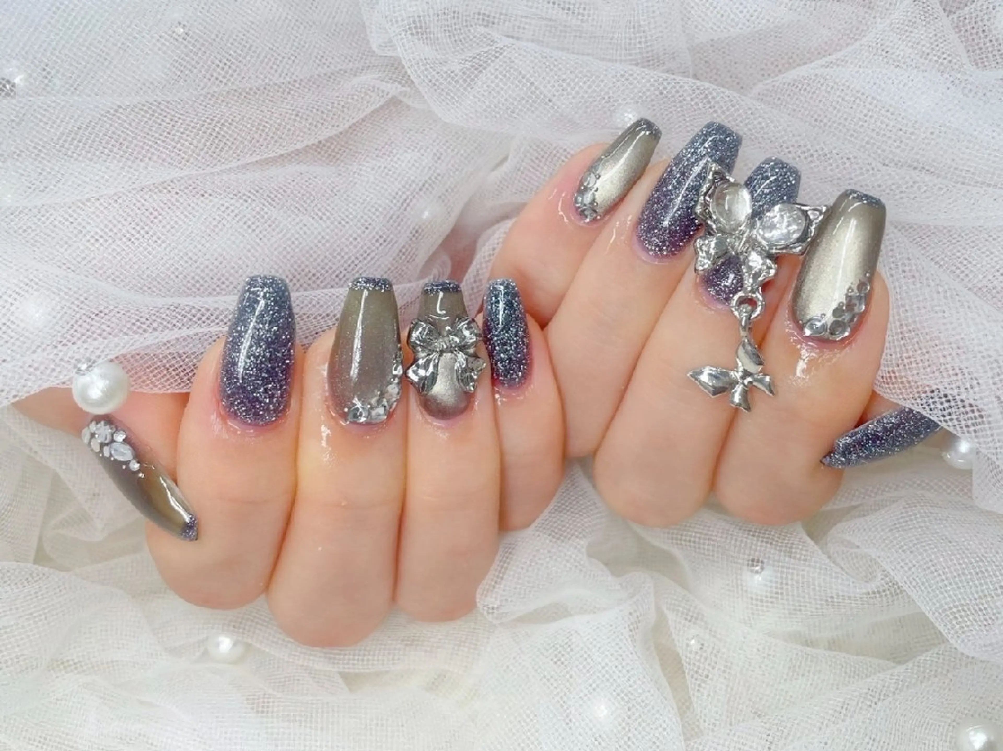 ネイル 長さ出し フラッシュネイル フレンチネイル ジェルネイル キラキラネイル Chouette Nailのネイルデザイン