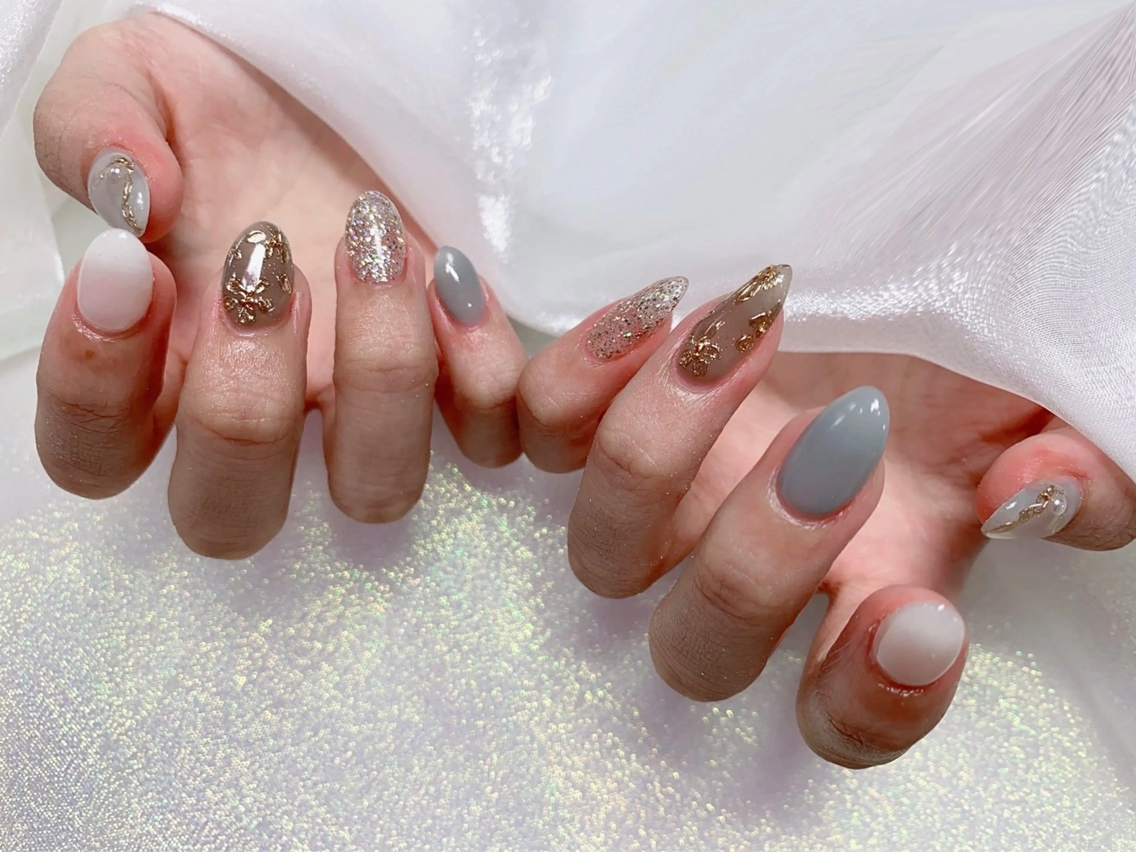 ネイル 長さ出し ジェルネイル キラキラネイル 大理石ネイル(マーブル) ニュアンスネイル Morpho nailのネイルデザイン