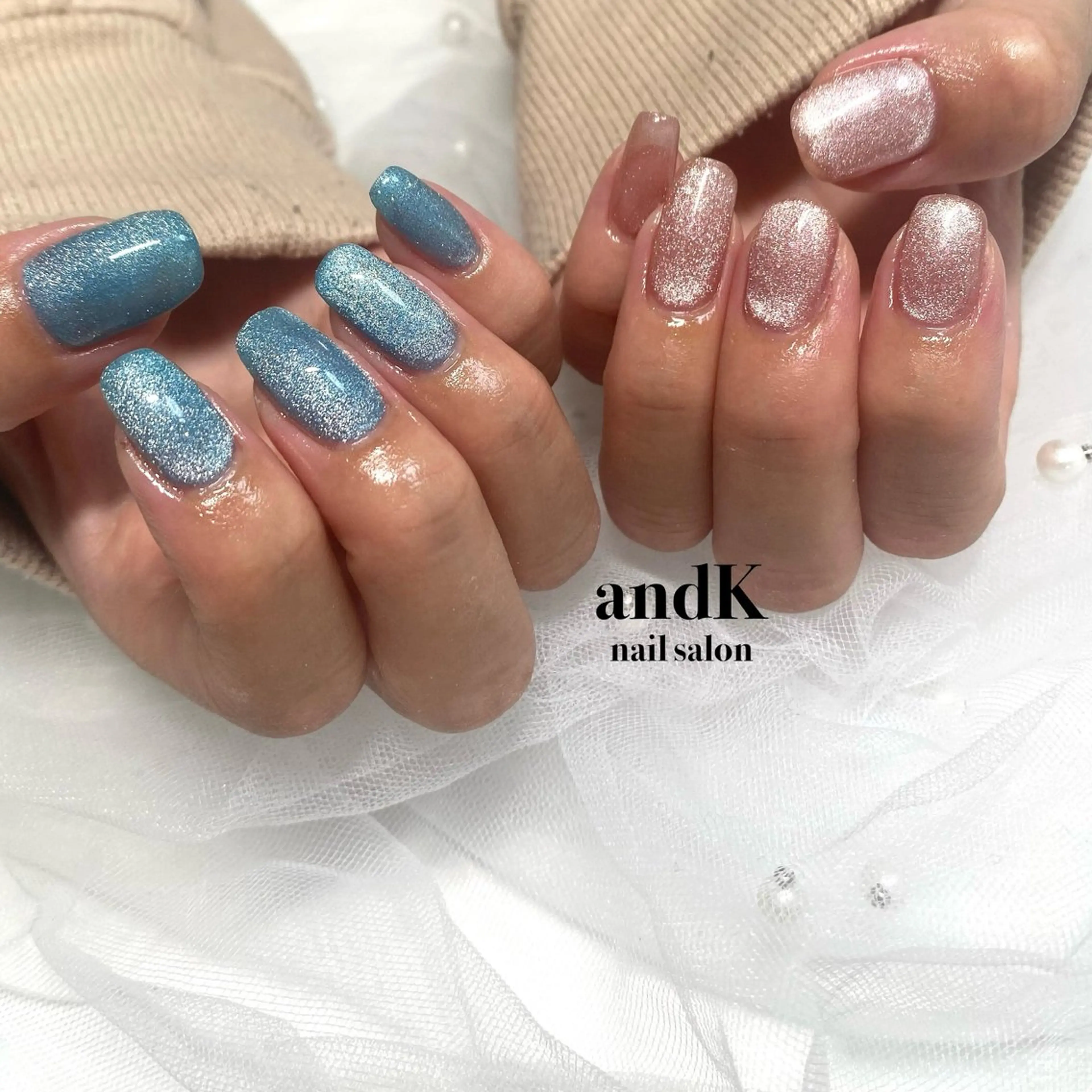 ネイル ブルー マグネットネイル ピンク andK nail salonのネイルデザイン