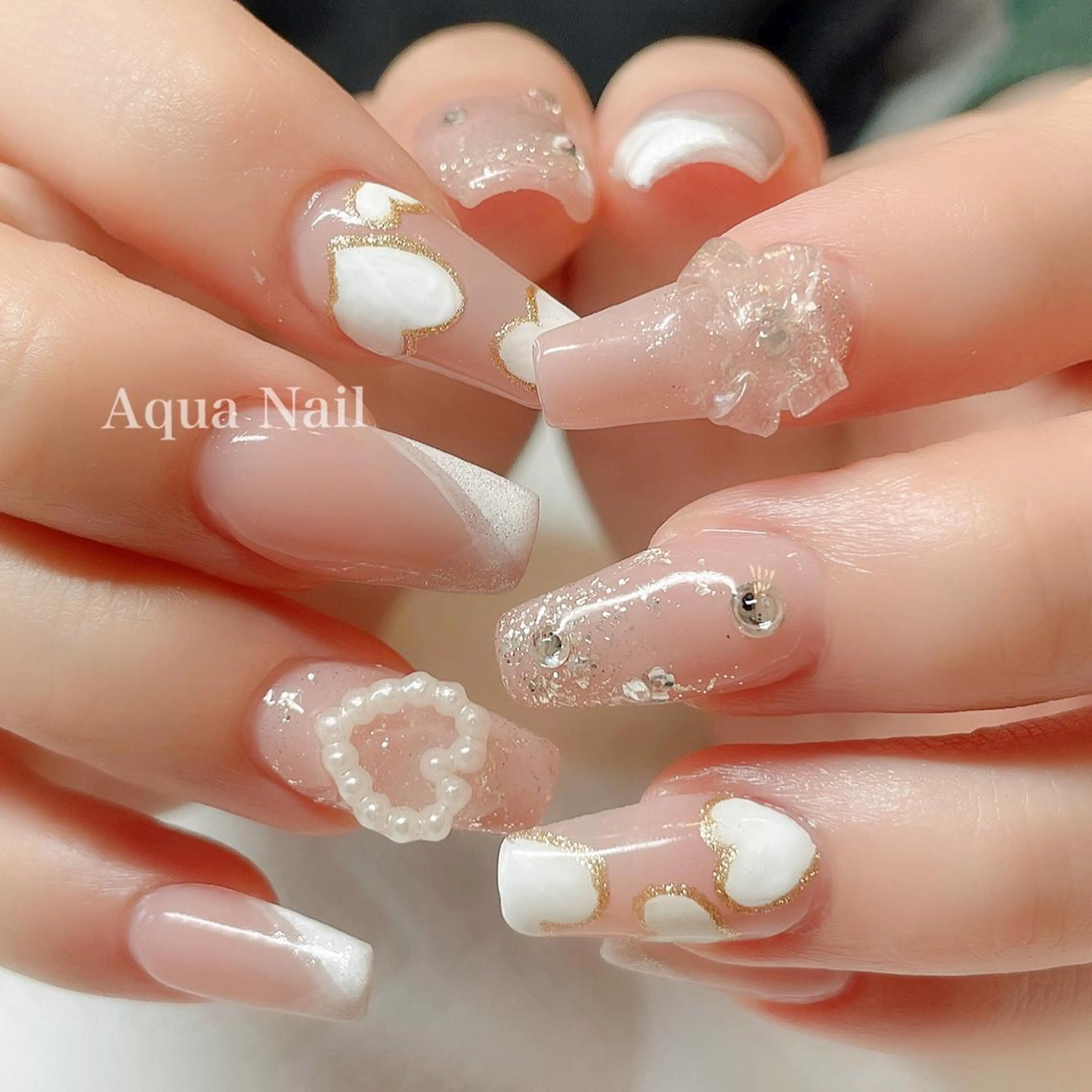ネイル ハート ロングネイル リボン スカルプネイル ショートネイル ハンドネイル AQUA NAIL所属・AQUA NAILのネイルデザイン