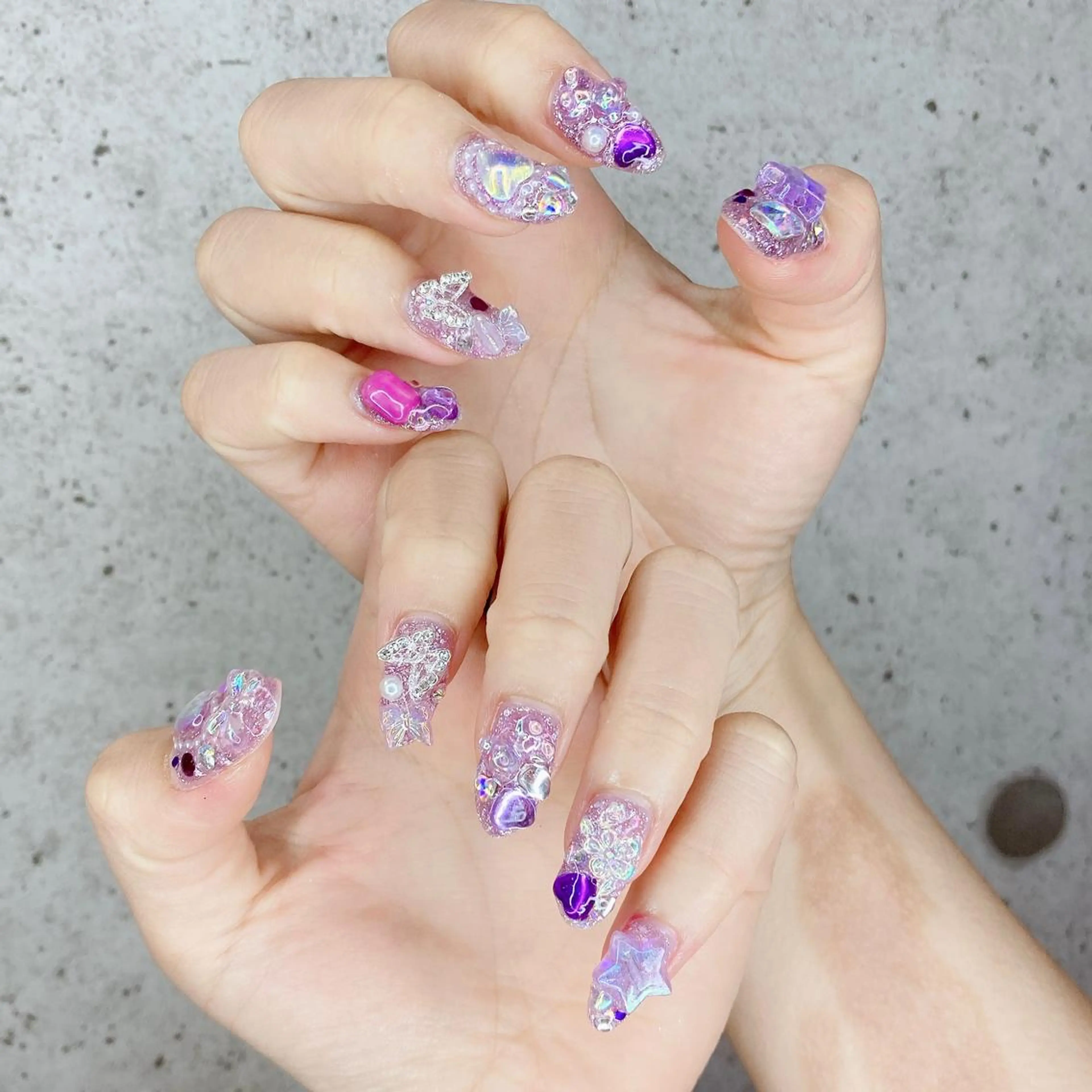 ネイル ジェルネイル ハート キラキラネイル パラジェル パープル ハンドネイル Nail Kのネイルデザイン