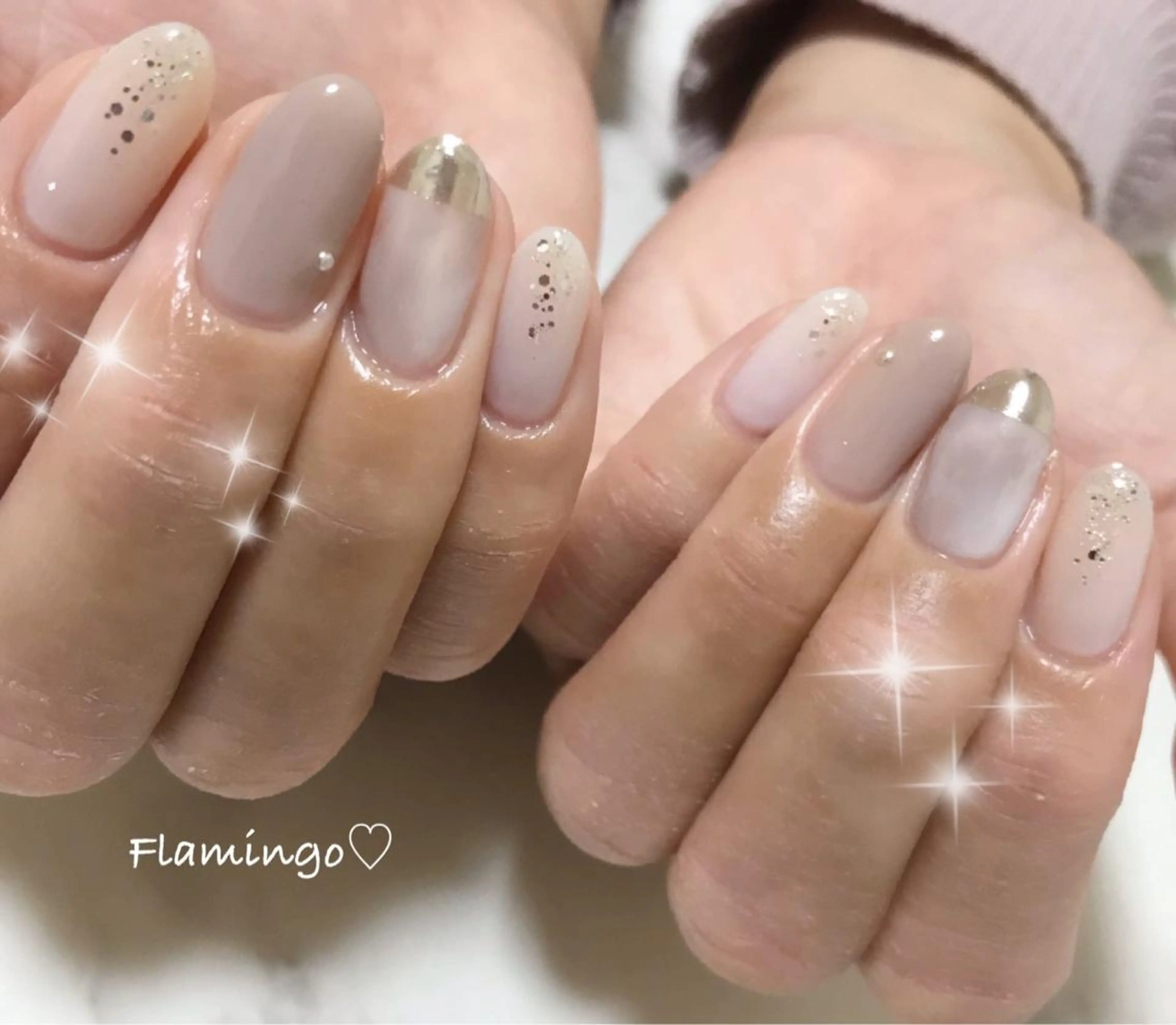 ネイル ラメ(グリッター) 大理石ネイル(マーブル) ミラーネイル ニュアンスネイル オフィスネイル 40代からの爪を守る ×ケア重視サロン♡のネイルデザイン