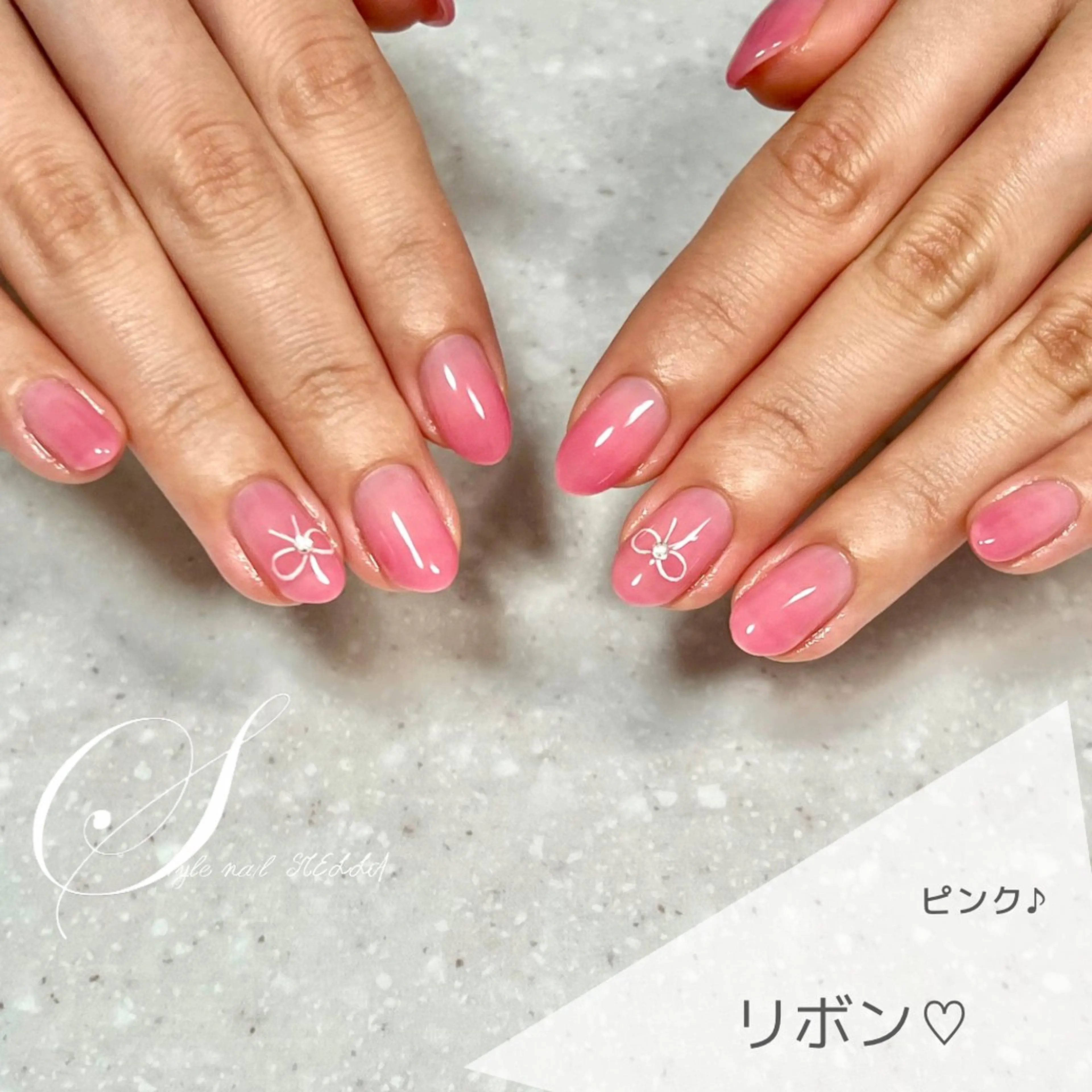 ネイル ワンカラーネイル ピンク リボン ハンドネイル ステラ marikominoのネイルデザイン