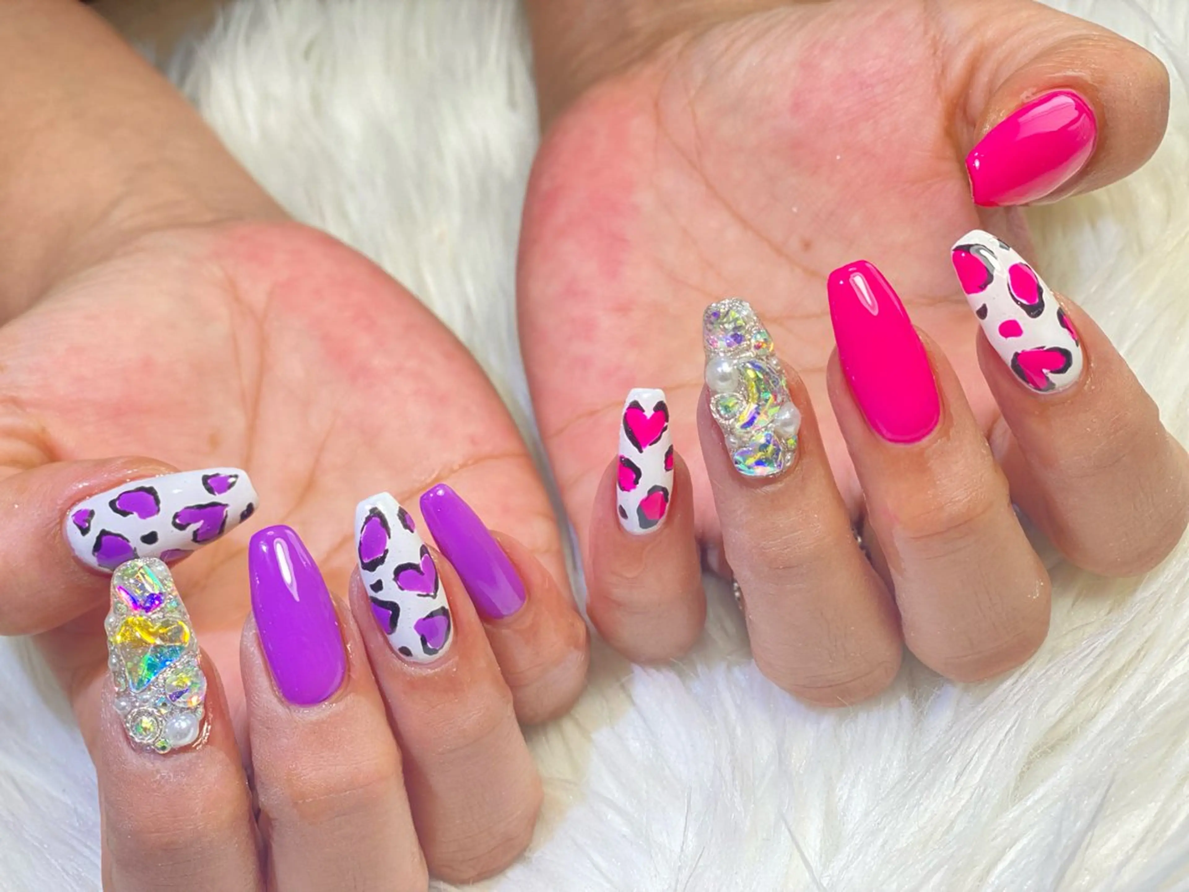 ネイル ハート ロングネイル ピンク パープル スクエアネイル Esthetic Will所属・will 有希のネイルデザイン