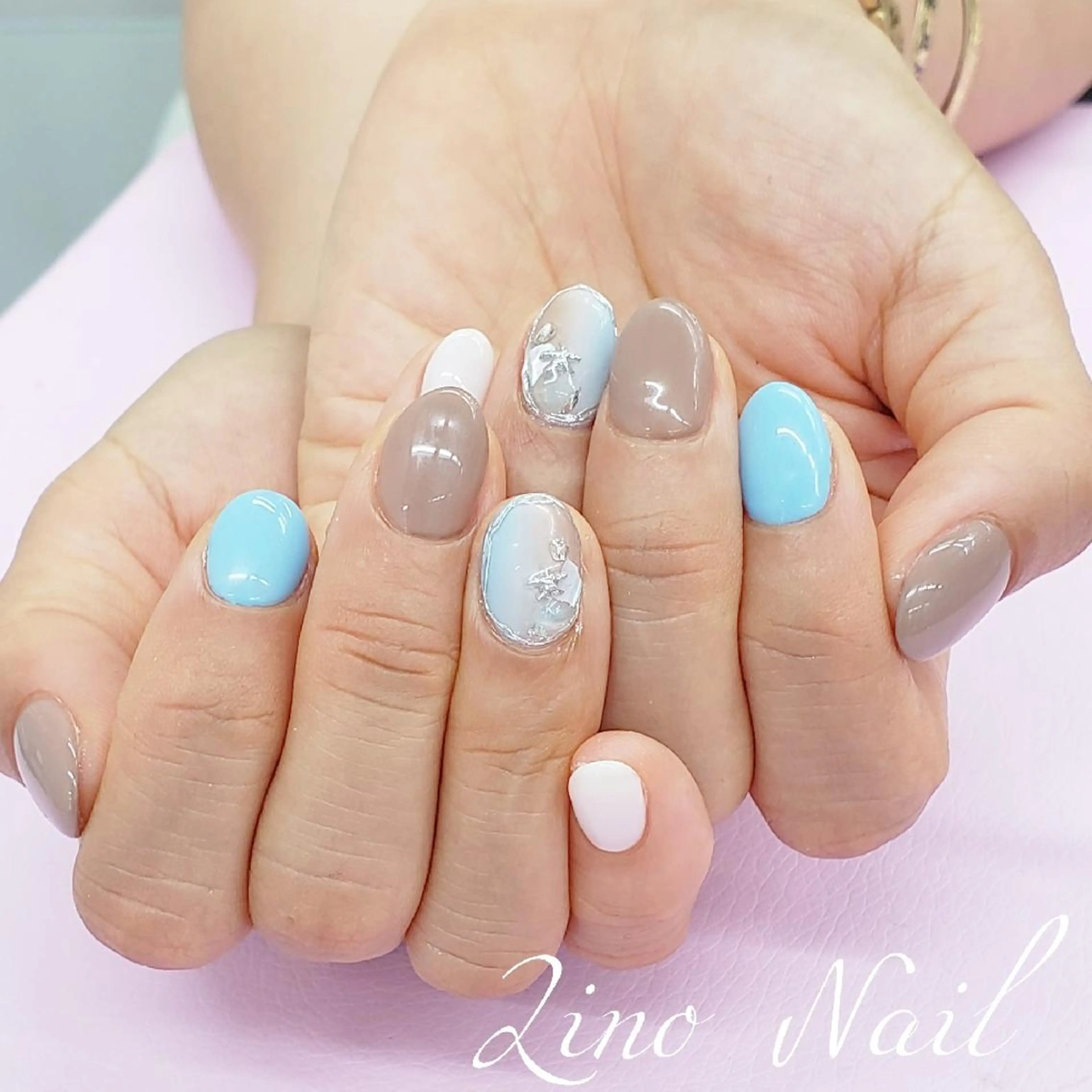 ネイル ブルー ブラウン カジュアル ジェルネイル グラデーション ハンドネイル Lino Nailのネイルデザイン
