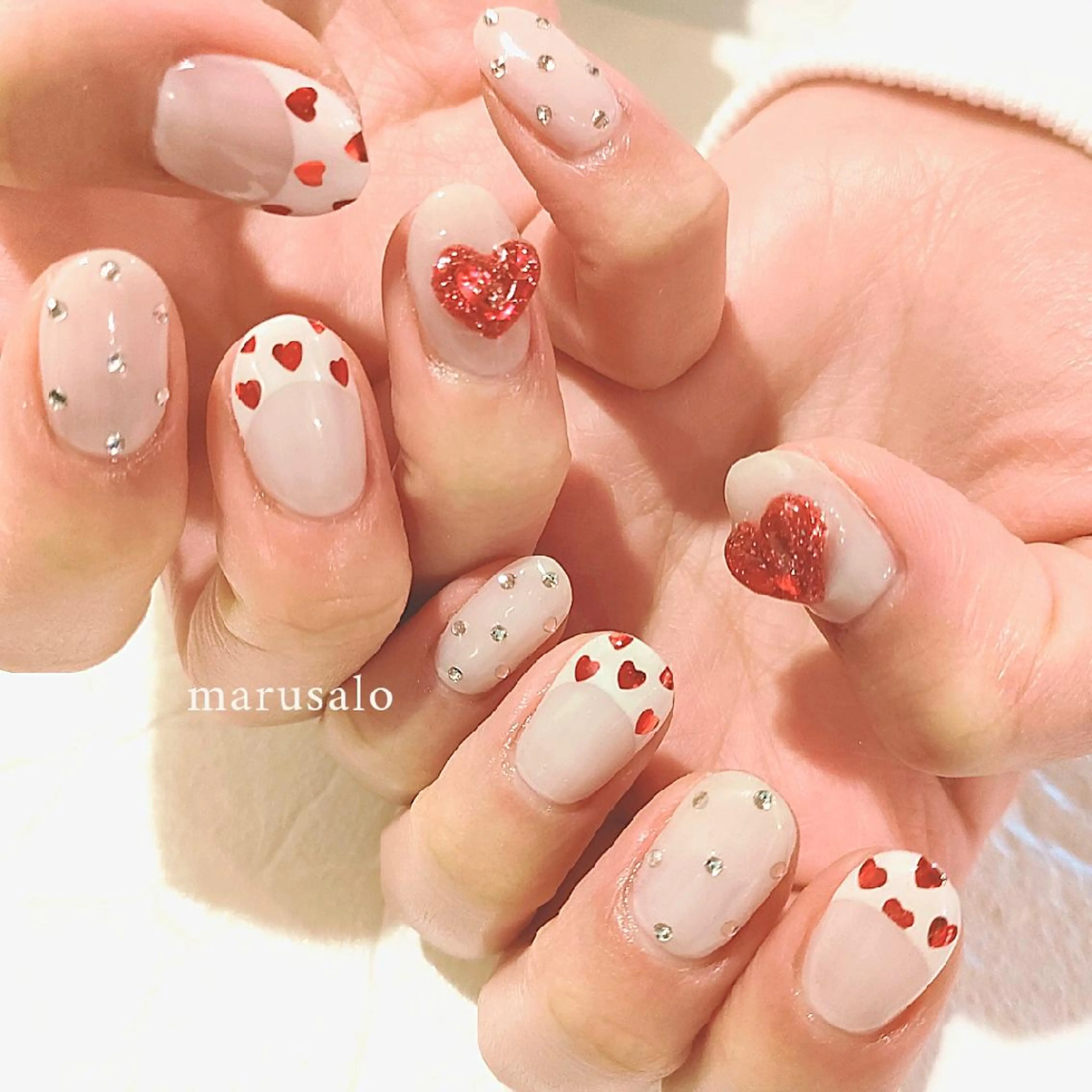 ネイル ドット フレンチネイル ハート ストーンネイル バレンタイン ハンドネイル marusalo nailのネイルデザイン