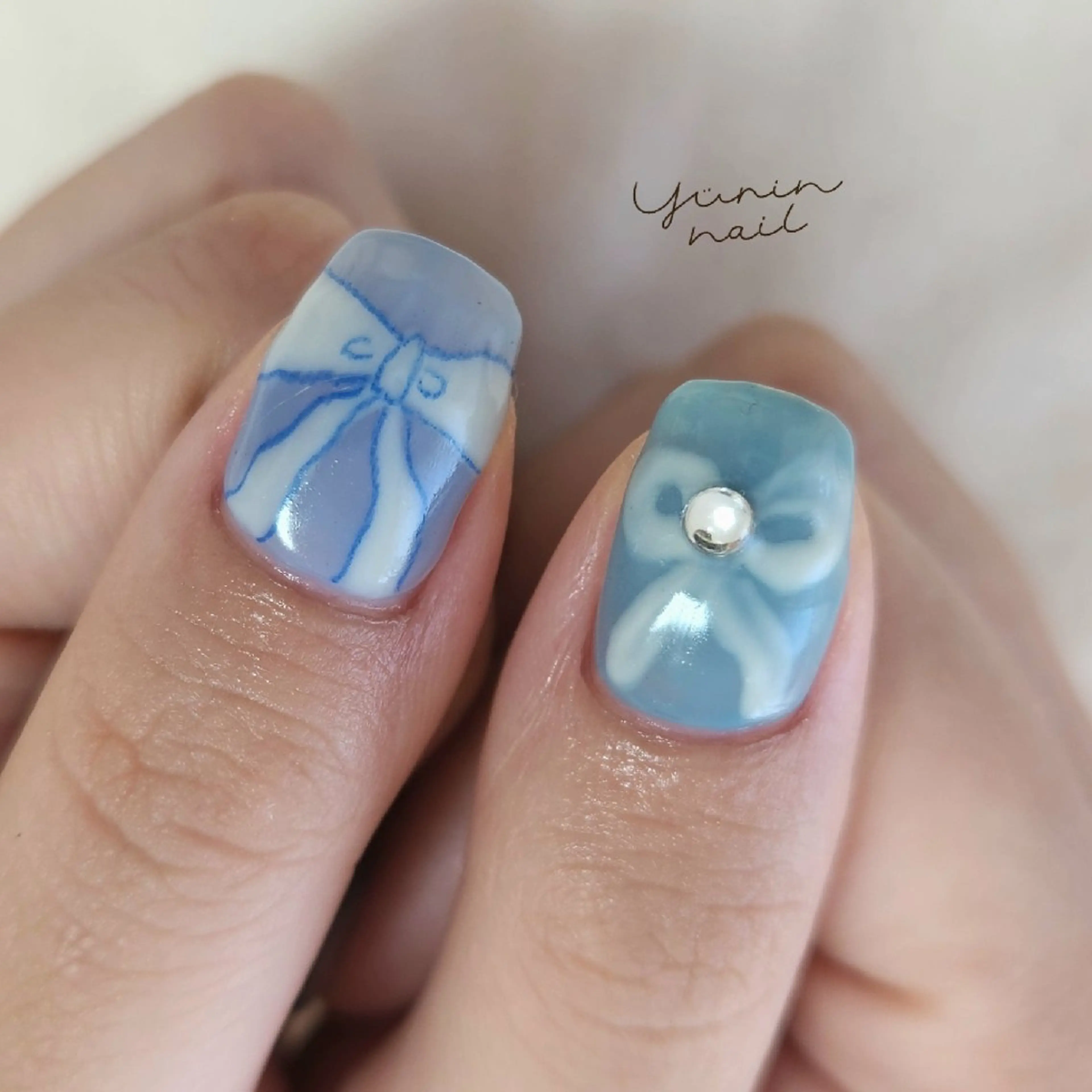 ネイル ガーリー リボン ショートネイル ハンドネイル ショートネイル専門 yurin nailのネイルデザイン