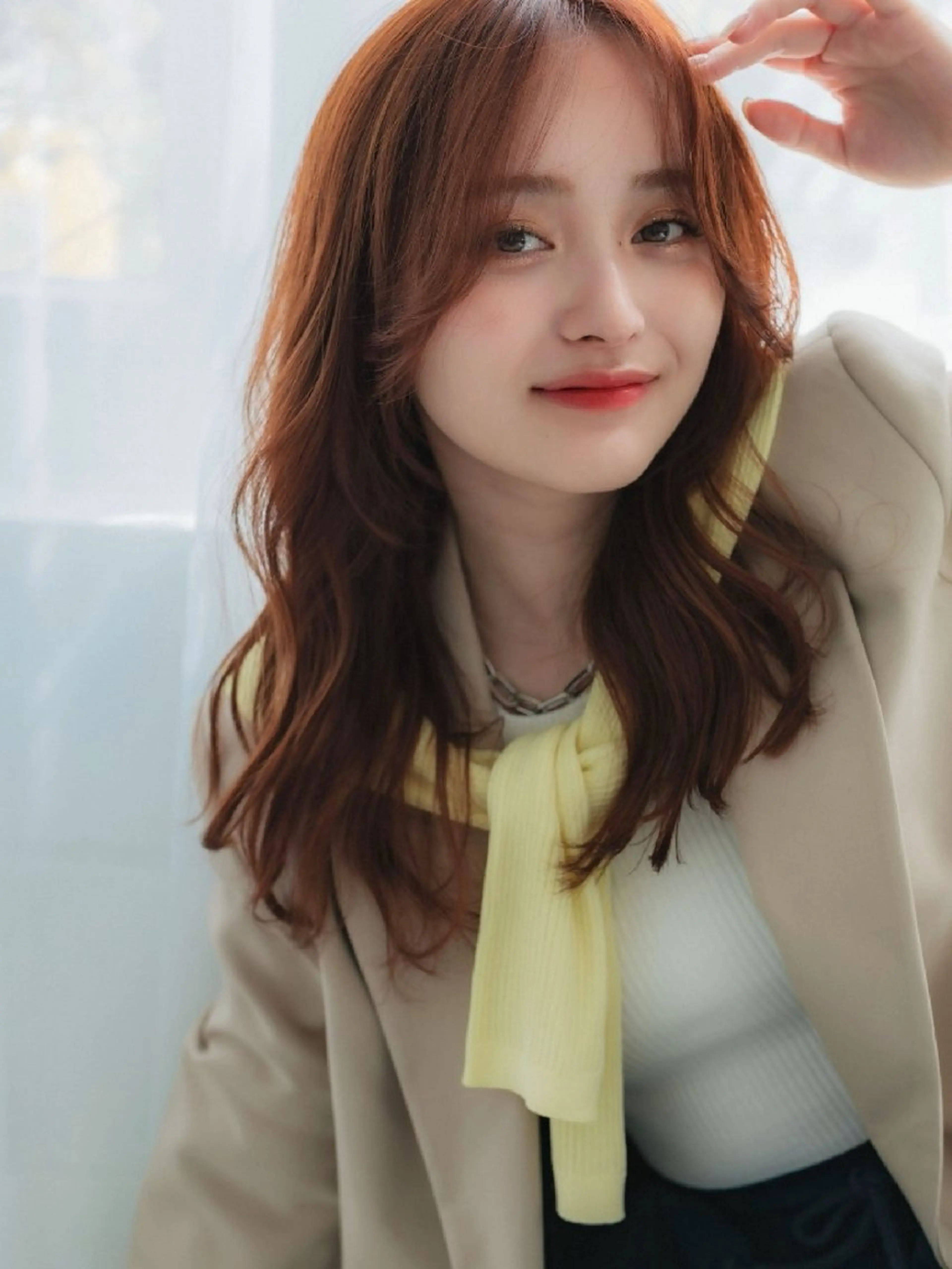 セミロング カラー パーマ セミロングパーマ オレンジ レイヤーカット デジタルパーマ カット ヘアカラー トリートメント HONEY渋谷 髪質改善/ハイライトのヘアスタイル