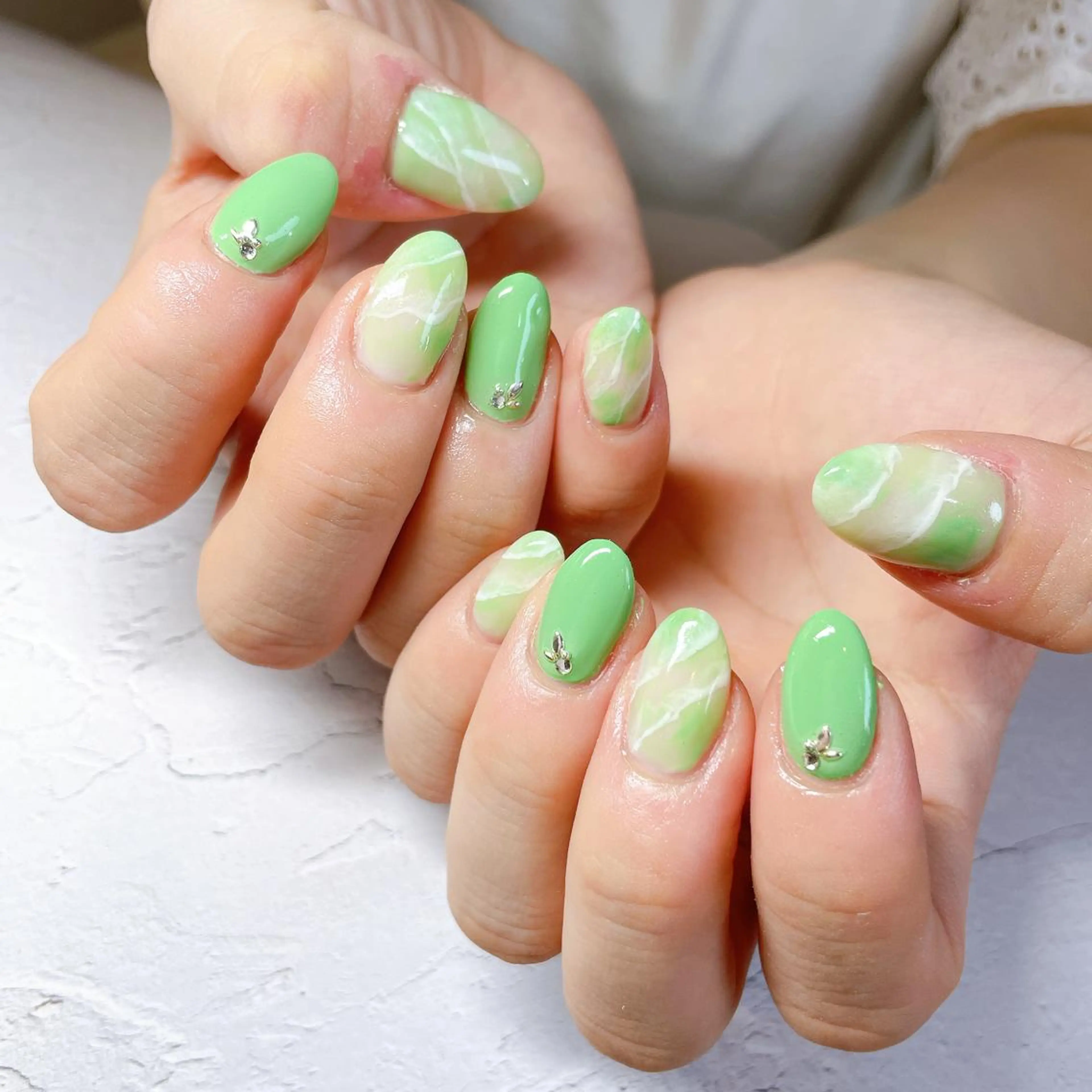 ネイル ジェルネイル グリーン 大理石ネイル(マーブル) ハンドネイル LaLa Peach 福岡のマツエク・マツパデザイン