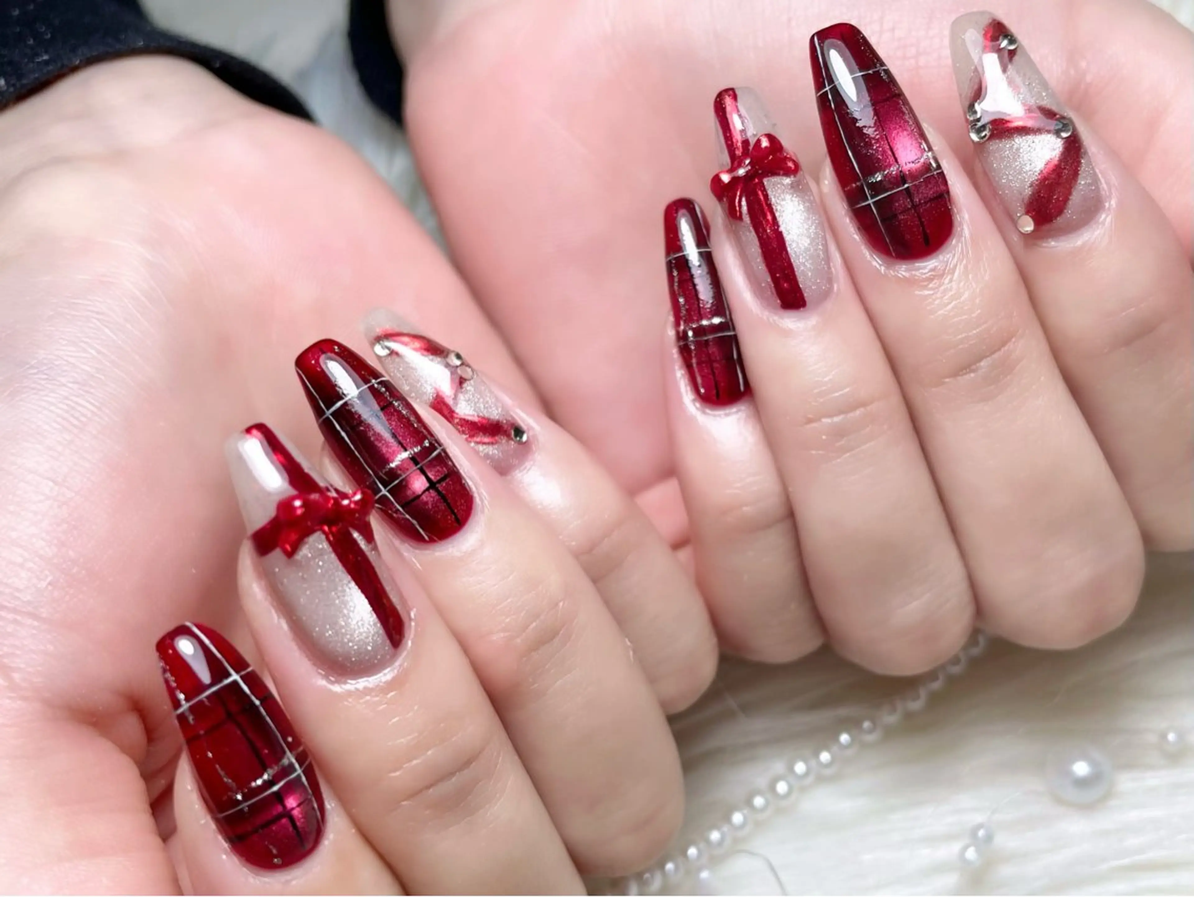 ネイル ジェルネイル マグネットネイル パラジェル リボン 冬ネイル ハンドネイル ゆりか ジョアアンジェ福島のネイルデザイン