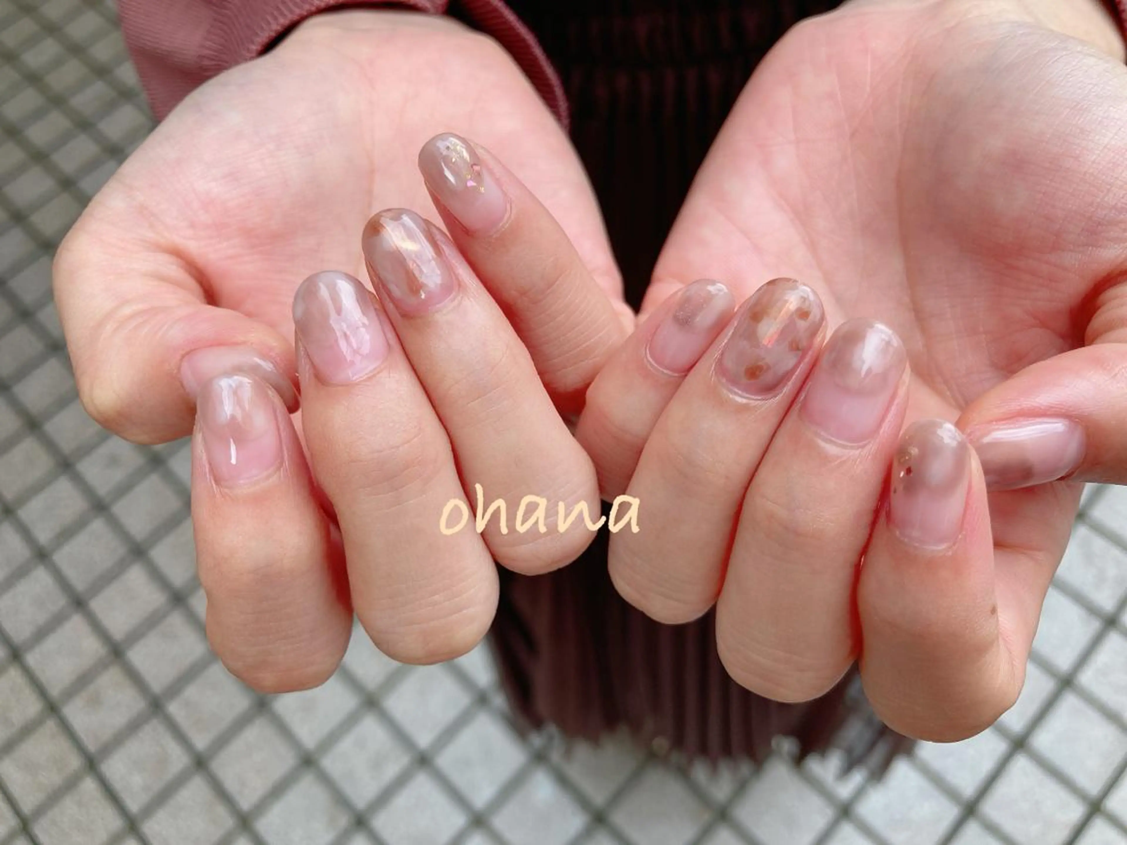 ネイル オーロラネイル べっ甲ネイル ボルドー 長さ出し フットネイル nailroom  OHANA所属・nailroom OHANA🌴のネイルデザイン